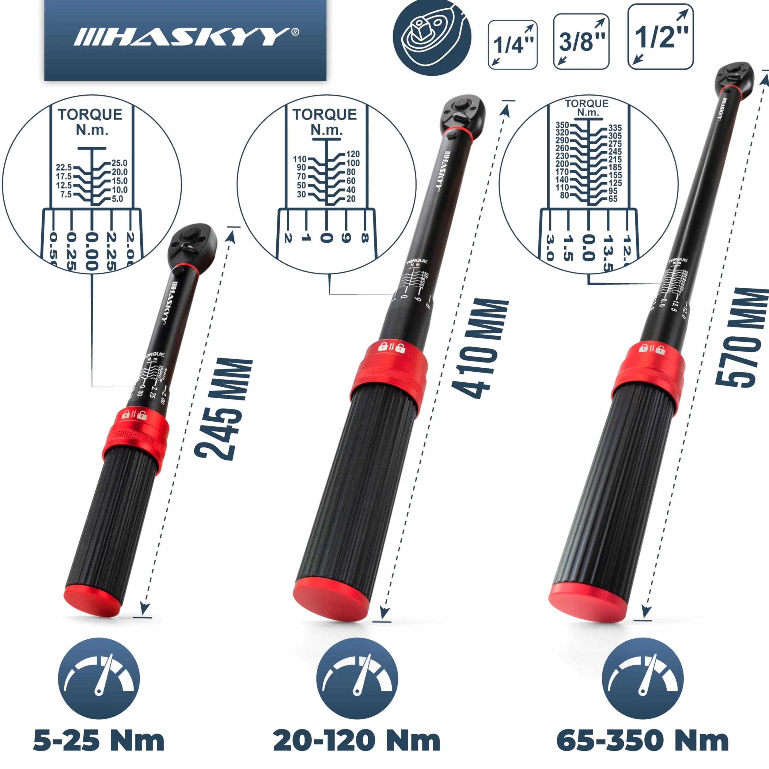 HASKYY Set di Chiave Dinamometrica da 1/4", 3/8", 1/2", 5-25 Nm, 20-120 Nm, 65-350 Nm, 3 pezzi, per bicicletta, moto, motore, auto, industria, coppia di cricchetto, chiave a cricchetto