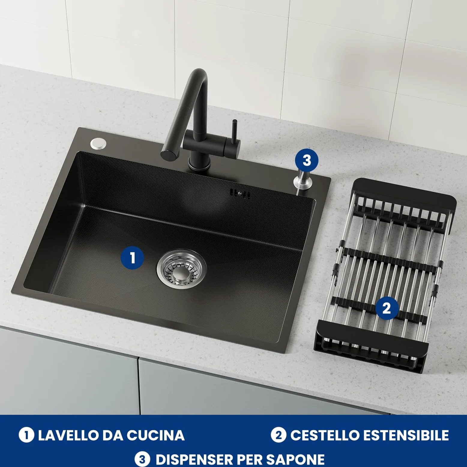 CECIPA 60x49 cm Lavello Nero 1 Vasca in Acciaio Inox, Lavandino Cucina 1 Vasca con Dispenser Sapone e Cestello, Lavello Cucina per Mobile da 60cm, da Incasso o Banco, con Sifone e Scarico