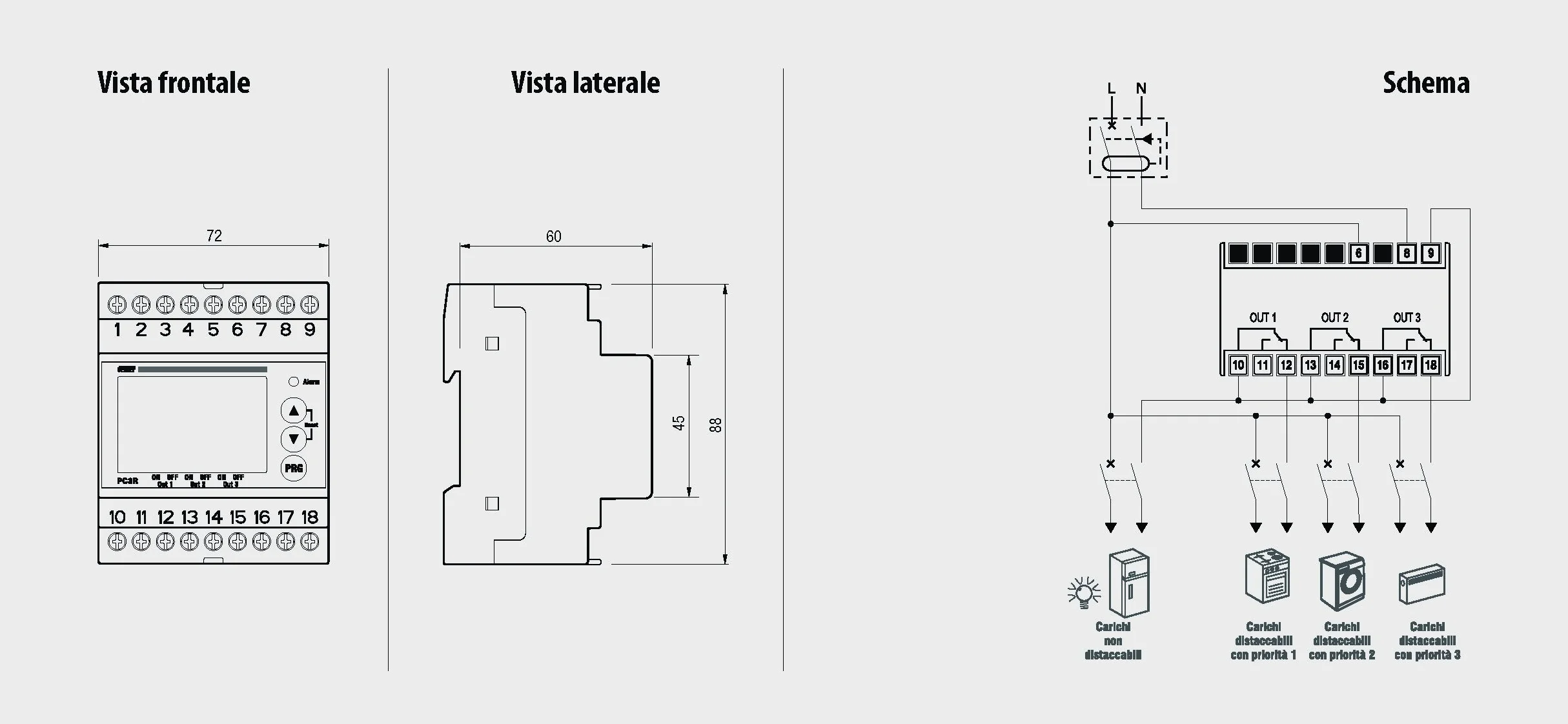 VEMER VE467700 PC3R - Centralina Controllo Carichi Prioritari per Impedire il Distacco dell'Interruttore Generale (Blackout), 3 Carichi Non Prioritari Controllabili, Bianco