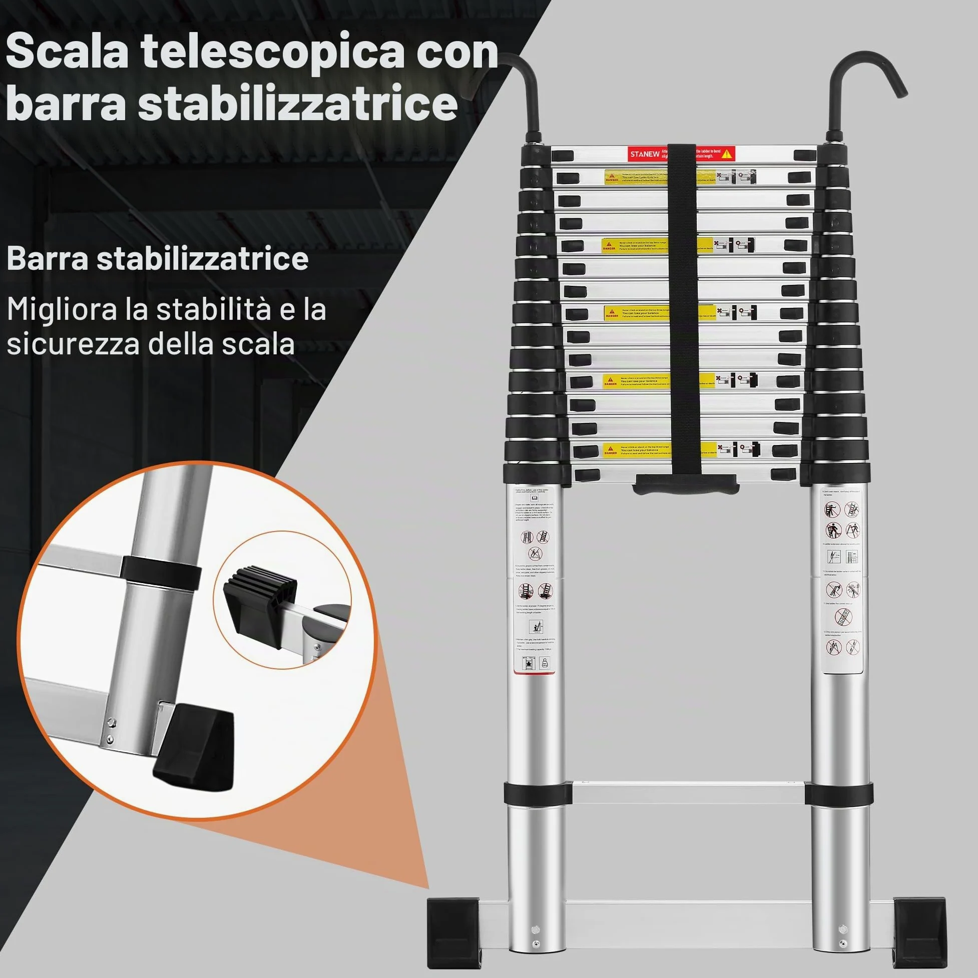 TEENO Scala Telescopica 6,2 M, Scala Telescopica in Alluminio con Barra Stabilizzatrice e Gancio Rimovibile, Scala Pieghevole Portatile per Riparazioni Domestiche, Carico Max 150 KG