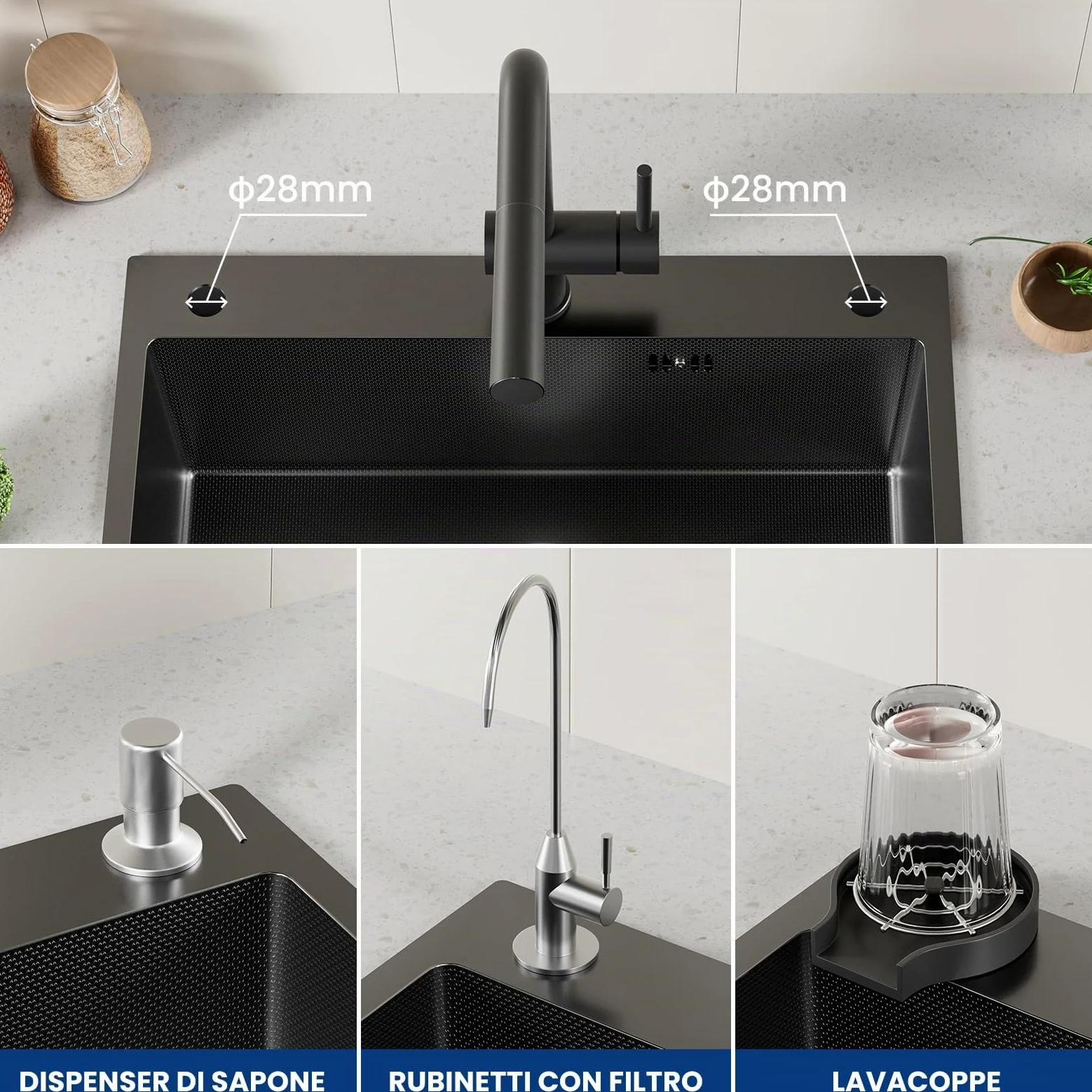 CECIPA 60x49 cm Lavello Nero 1 Vasca in Acciaio Inox, Lavandino Cucina 1 Vasca con Dispenser Sapone e Cestello, Lavello Cucina per Mobile da 60cm, da Incasso o Banco, con Sifone e Scarico