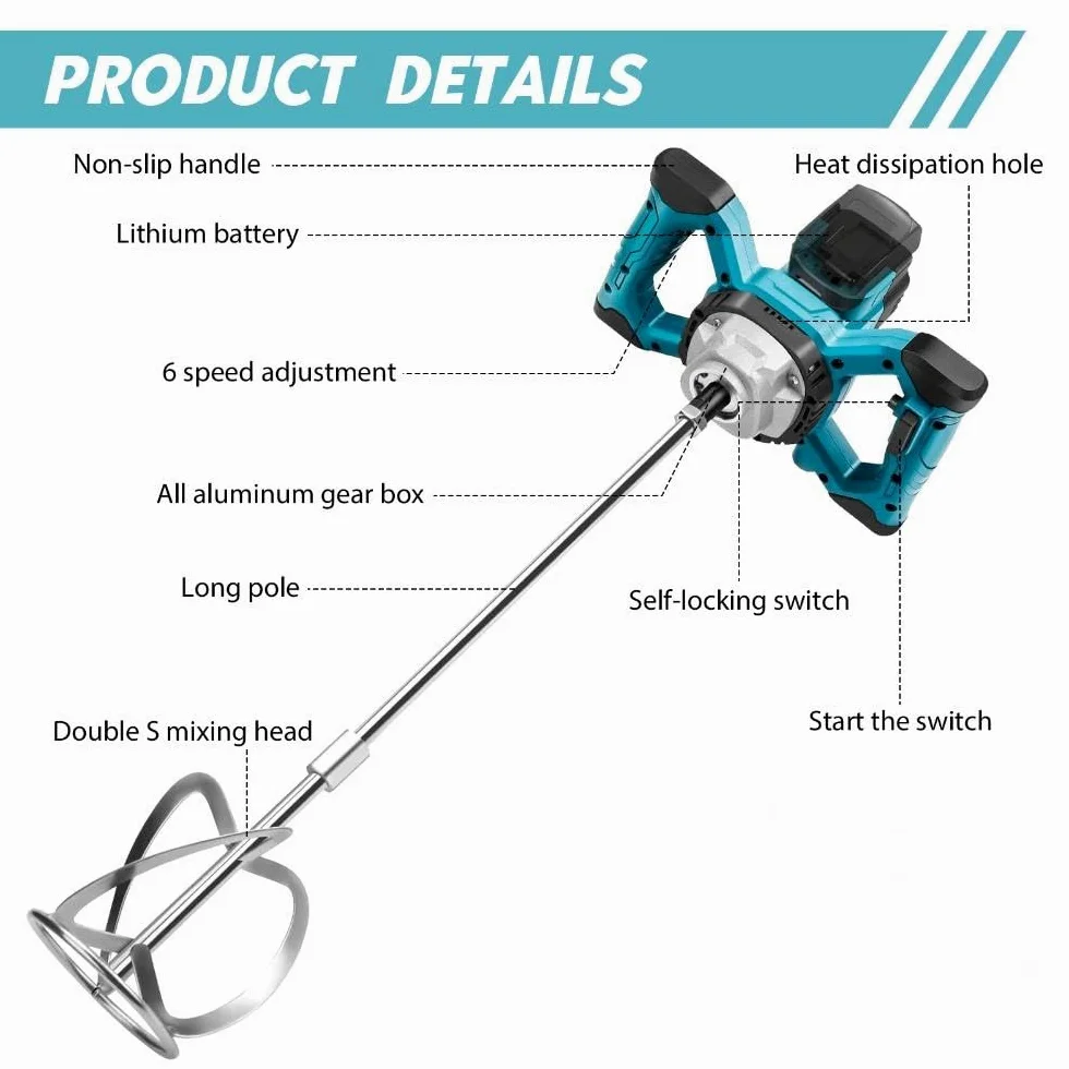 Agitatore per malta a batteria, compatibile con batteria Makita, 3200 W, multiuso, mixer per calcestruzzo senza brushless con aste di miscelazione, testa di miscelazione, chiavi e guanti (max 680 giri