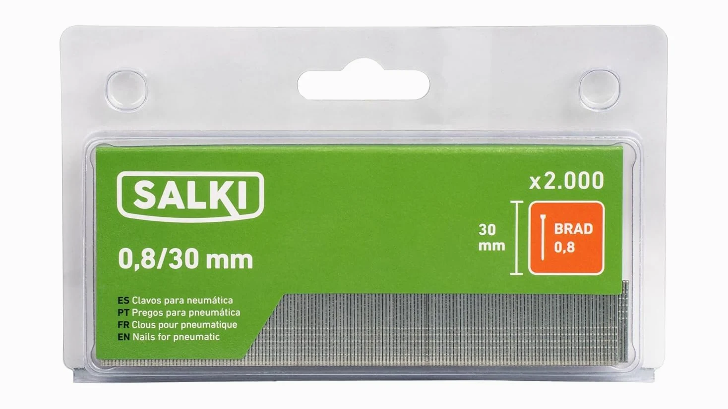 SALKI Chiodatrice ad aria compressa CSK PB08 + 2.000 pin 0,8 x 30 mm + 2.000 chiodi brad 0,8 x 30 mm | pistola per unghie ad aria compressa | morsetto per falegnameria e lavorazione del legno