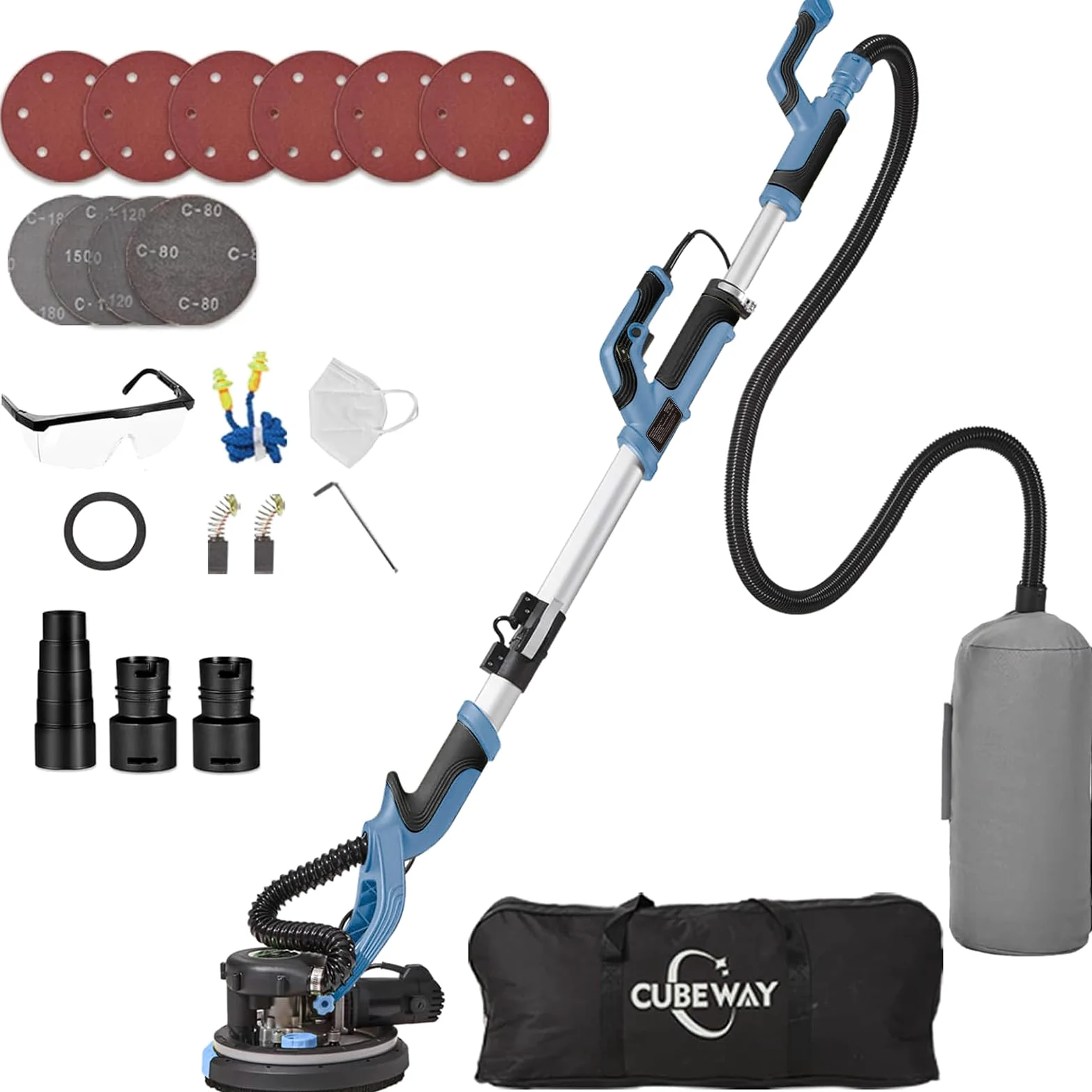 Levigatrice Giraffa 750 W professionale con sistema di vuoto automatico e luce LED, Levigatrice da parete e soffitto telescopico, diametro 215 mm, 7 velocità 900-1800 giri/min (blu)
