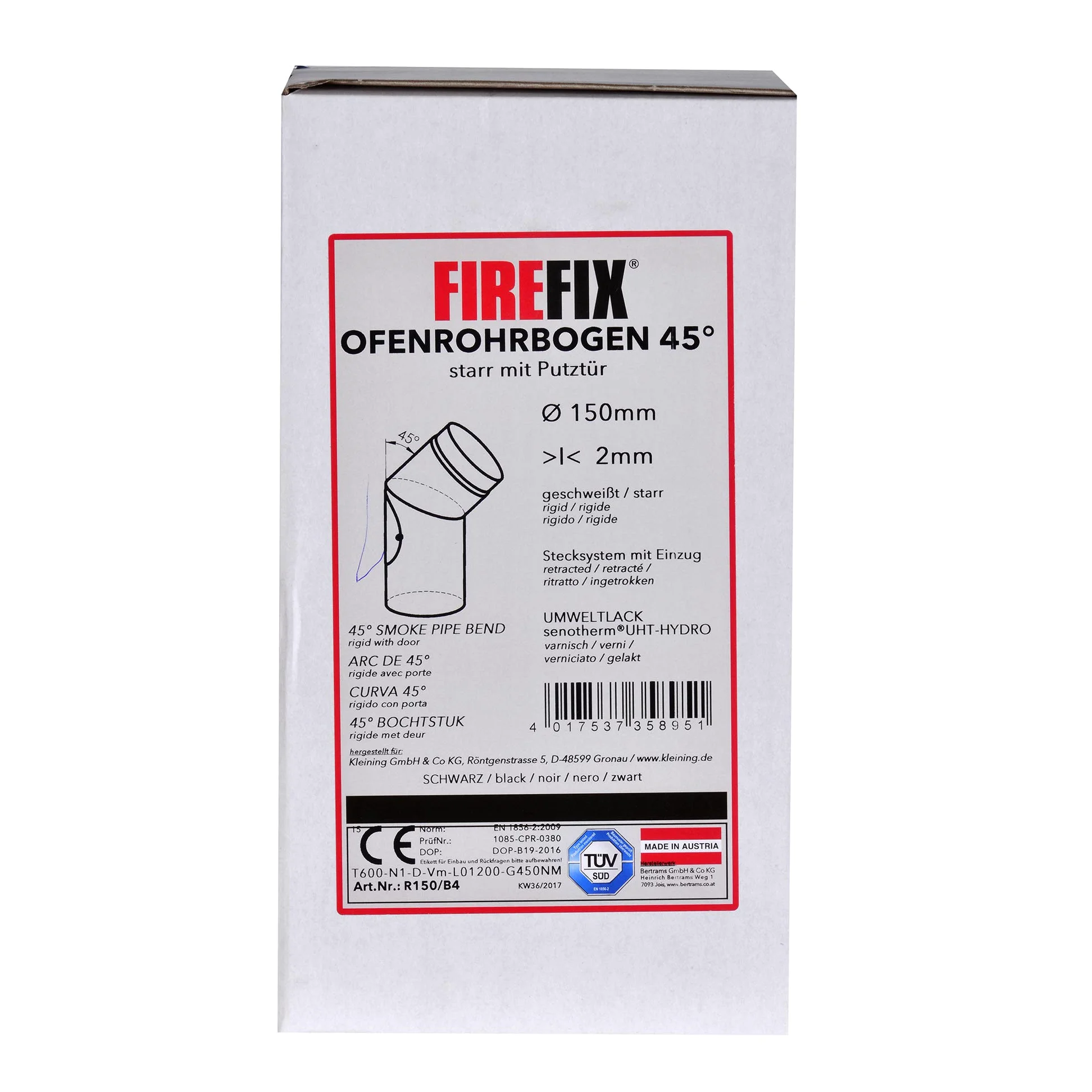 FIREFIX R150/B4 - Tubo per canna fumaria in acciaio spesso 2 mm, diametro 150 mm, per stufe e fuochi d'artificio, Senotherm, 45°, con porta di pulizia, colore: nero