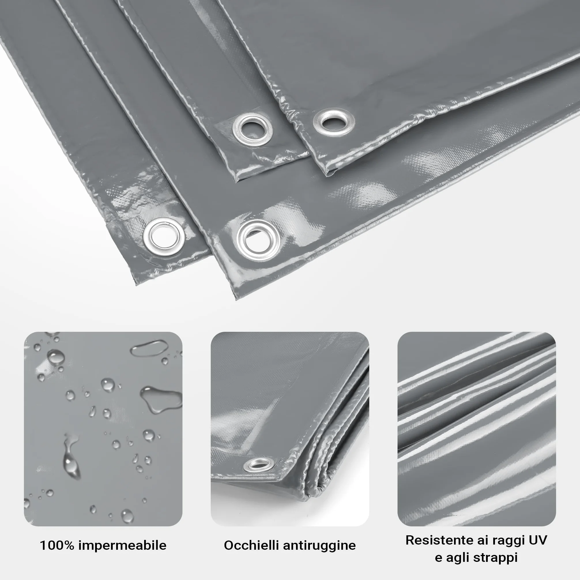 Wiltec Telone occhiellato grigio 4 x 5 m resistente alle intemperie e a raggi UV, impermeabile, robusto telo di protezione in poliestere 650 g/m² con rivestimento in PVC