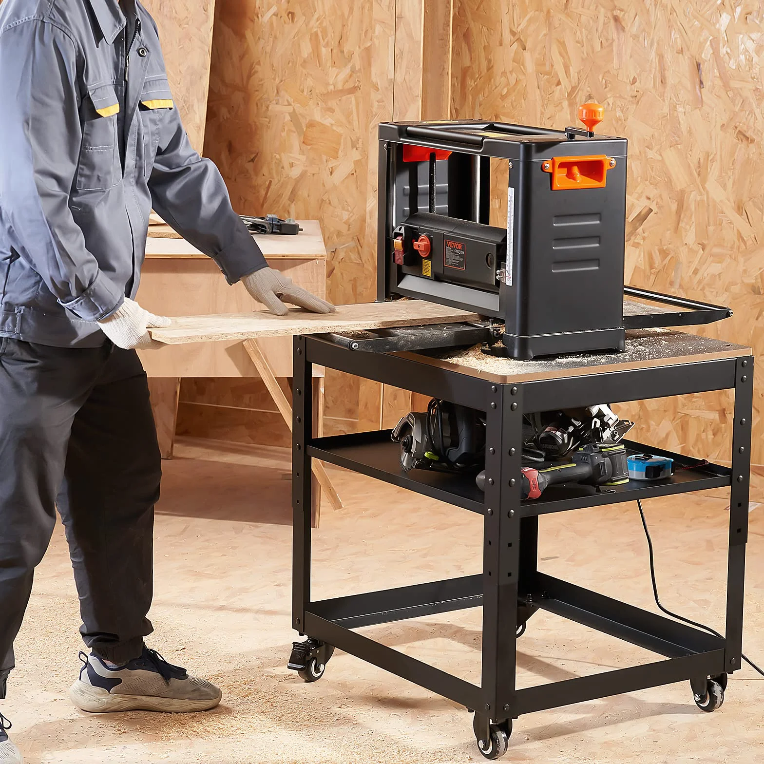 VEVOR Supporto per Pialla a Filo Spessore di Legno Capacità Carico Max. 45kg 4 Ruote, Supporto con Ripiano di Lavoro 3 Livelli 4 Rotelle per Pialla a Spessore Utensili di Falegname da Garage Officina