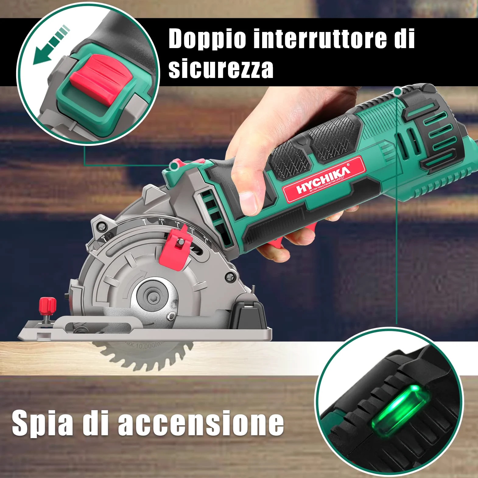 HYCHIKA Sega Circolare, 500W Mini Seghe Circolare 4500RPM, Profondità di Taglio: 0-25mm,Tubo per Aspirapolvere, 3x Lame adatto per Legno, Plastica, Metallo Morbido
