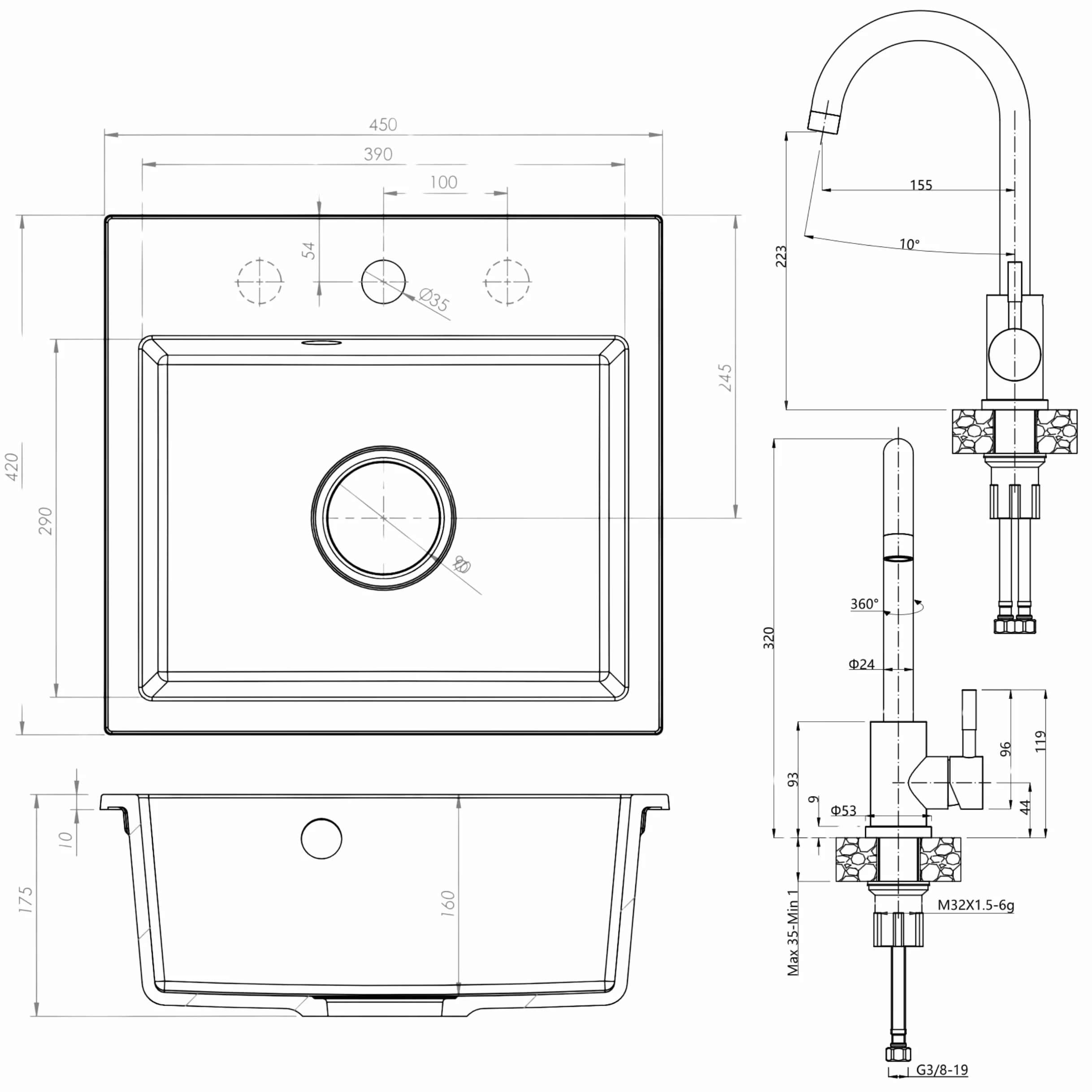 Lavello Sink Quality Beige con rubinetto, 45 × 42 cm, sifone e impregnazione, da incasso in granito, per mobiletto a partire da 45 cm