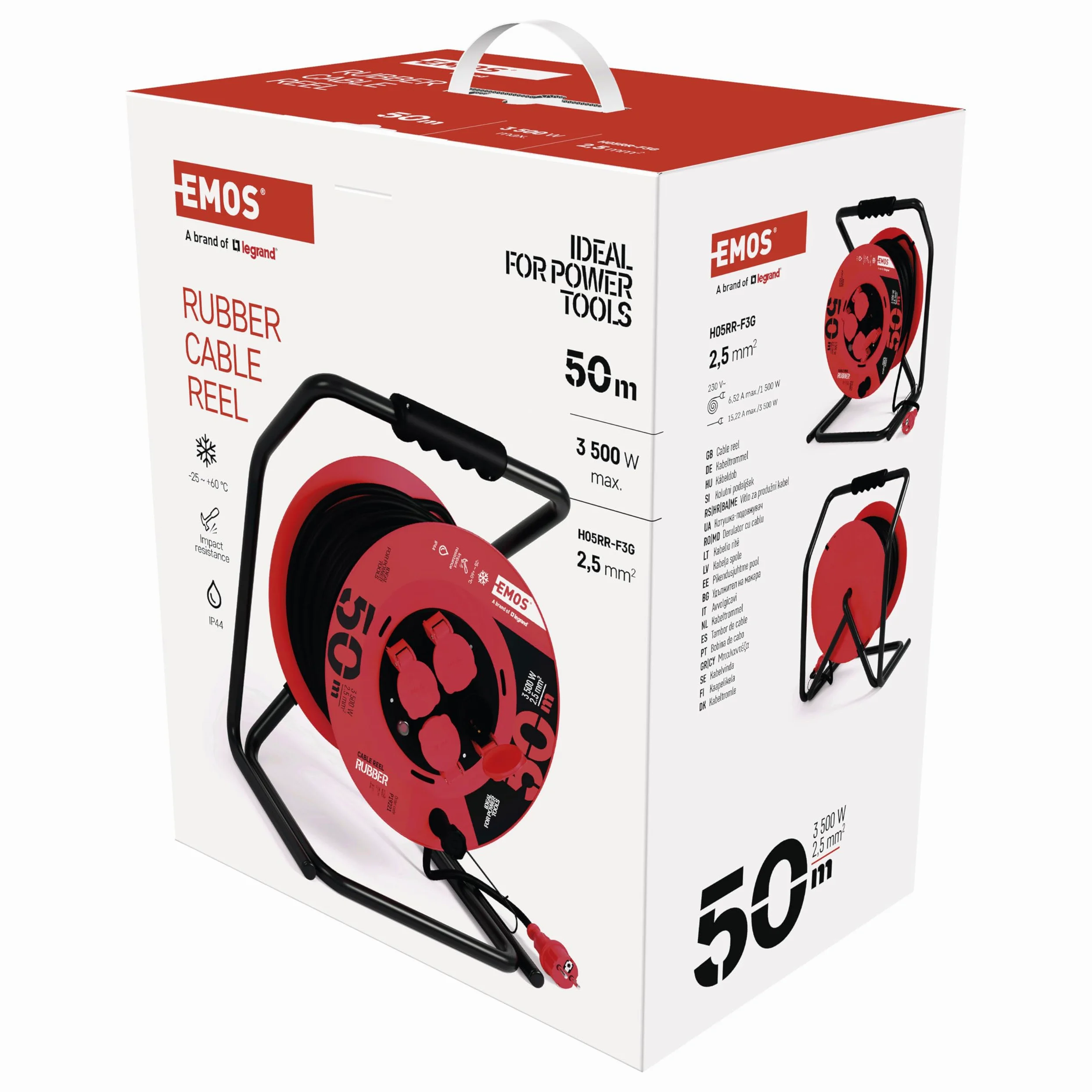 EMOS - Avvolgicavo da 50 m - 4 prese Schuko - impermeabile, resistente agli urti, resistente alle temperature - 230 V, 15 A, 3500 W - Isolamento in gomma - H05RR-F 2,5 mm2 - IP44 per esterni