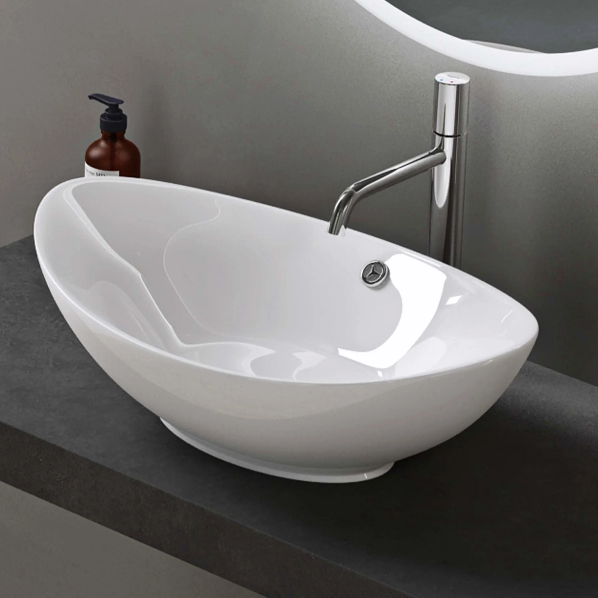doporro Lavabo Ovale da Appoggio in Ceramica Bianco Lucido 59x38,3x19,2 cm, Lavandino Bagno con Troppopieno Effetto Loto Brüssel818