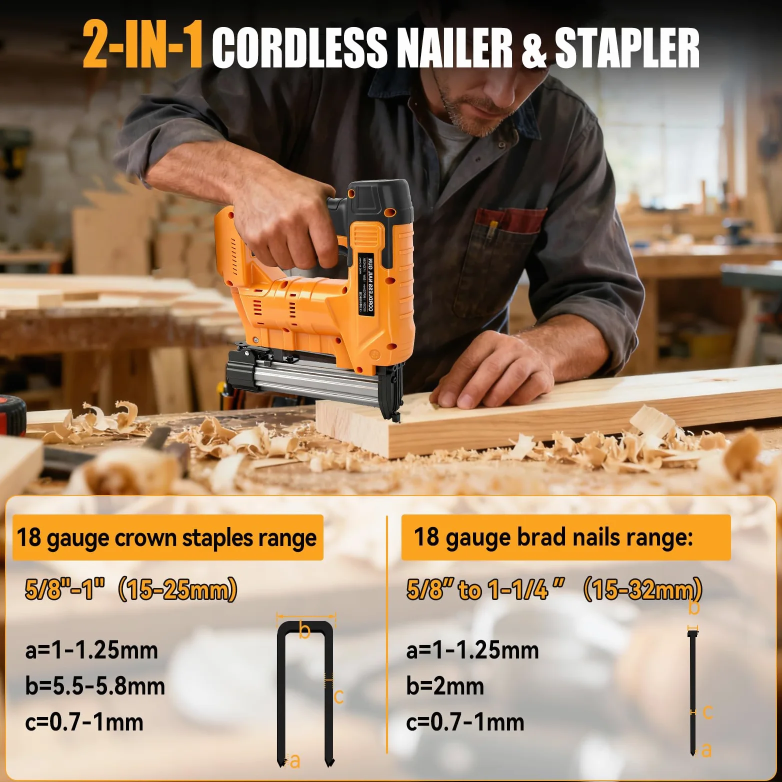 Chiodatrice senza fili da 18 GA per Dewalt 18 V batteria (senza batteria), 2 in 1 senza spazzole, pistola per unghie, pinzatrice, chiodatrice con 1000 chiodi e 1000 punti metallici, per progetti fai