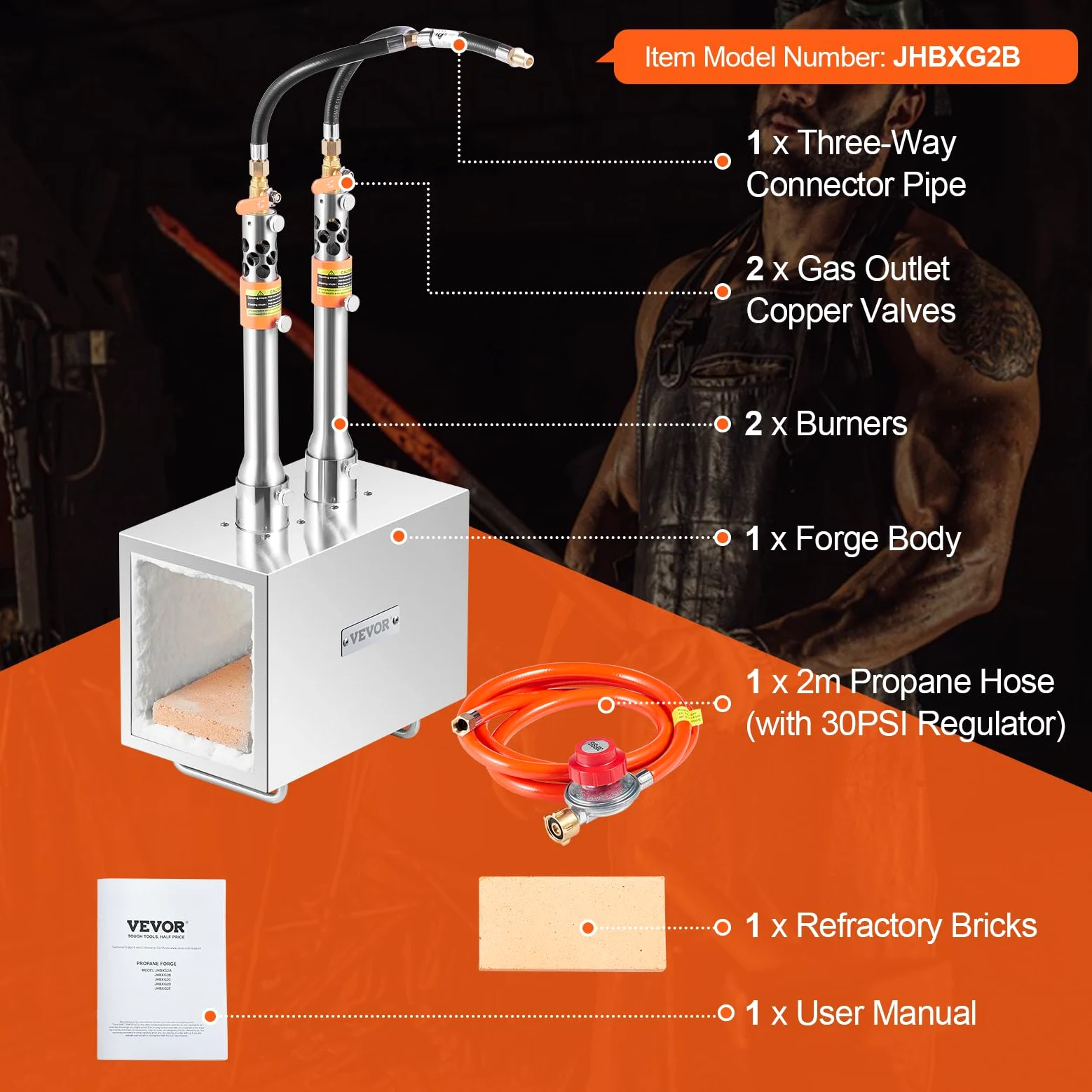 VEVOR Forgia a gas propano portatile, forno a gas quadrato con 2 bruciatori, temperatura max 1427 ℃, utensili e attrezzature per forgiatura a gas in acciaio inox, per colteliere Maréchaux-Ferrants