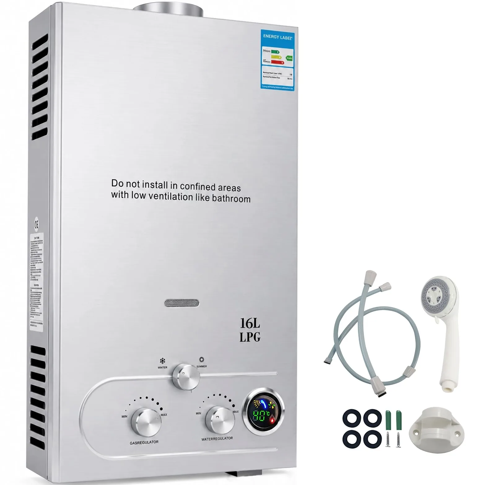 Scaldabagno a Gas, 16LPM 32KW Scaldabagno Senza Serbatoio Portatile, Scaldabagno Istantaneo al Propano Con Display Digitale Multi-protezione Per Viaggi in Campeggio, Viaggio in RV (16L)
