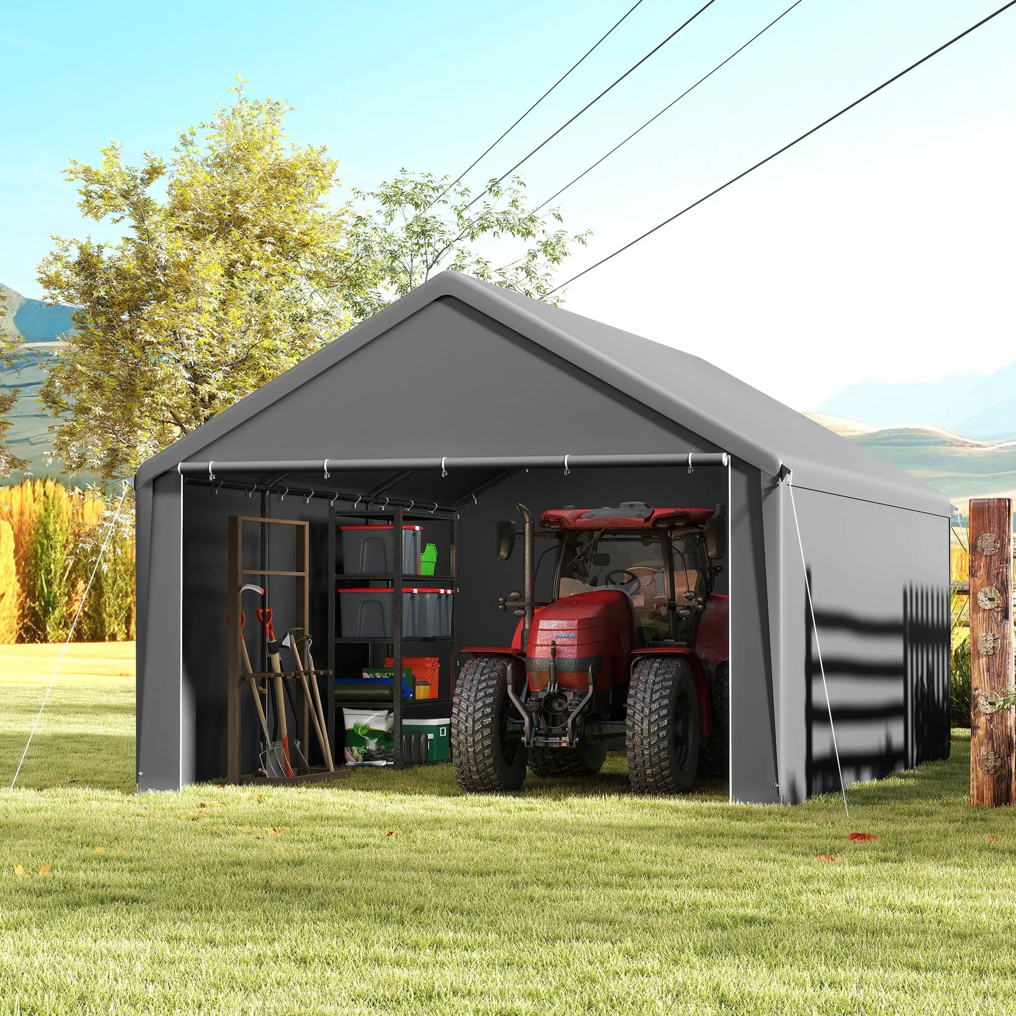 UISEBRT Tenda da magazzino, 4 x 6 m, impermeabile, con robusto telone in PE e telaio in acciaio, ideale come garage per attrezzi, attrezzi da giardino, pallet (grigio)