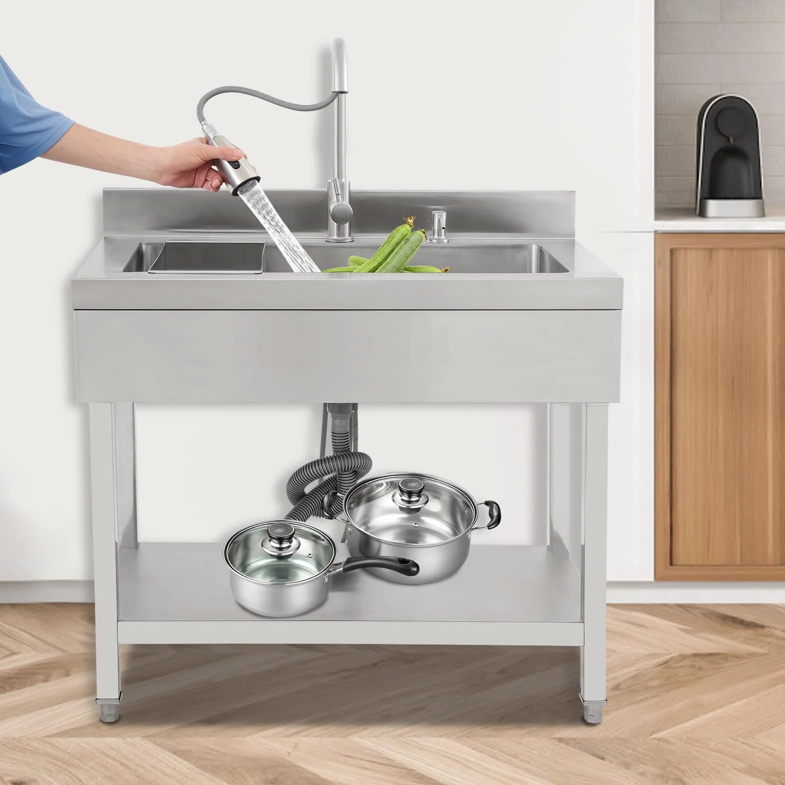 Lavando in acciaio inossidabile a libera installazione, lavello singolo lavello da cucina rettangolare con piedistallo, lavello mobile per cucina, garage, esterno (90x50x80 cm)
