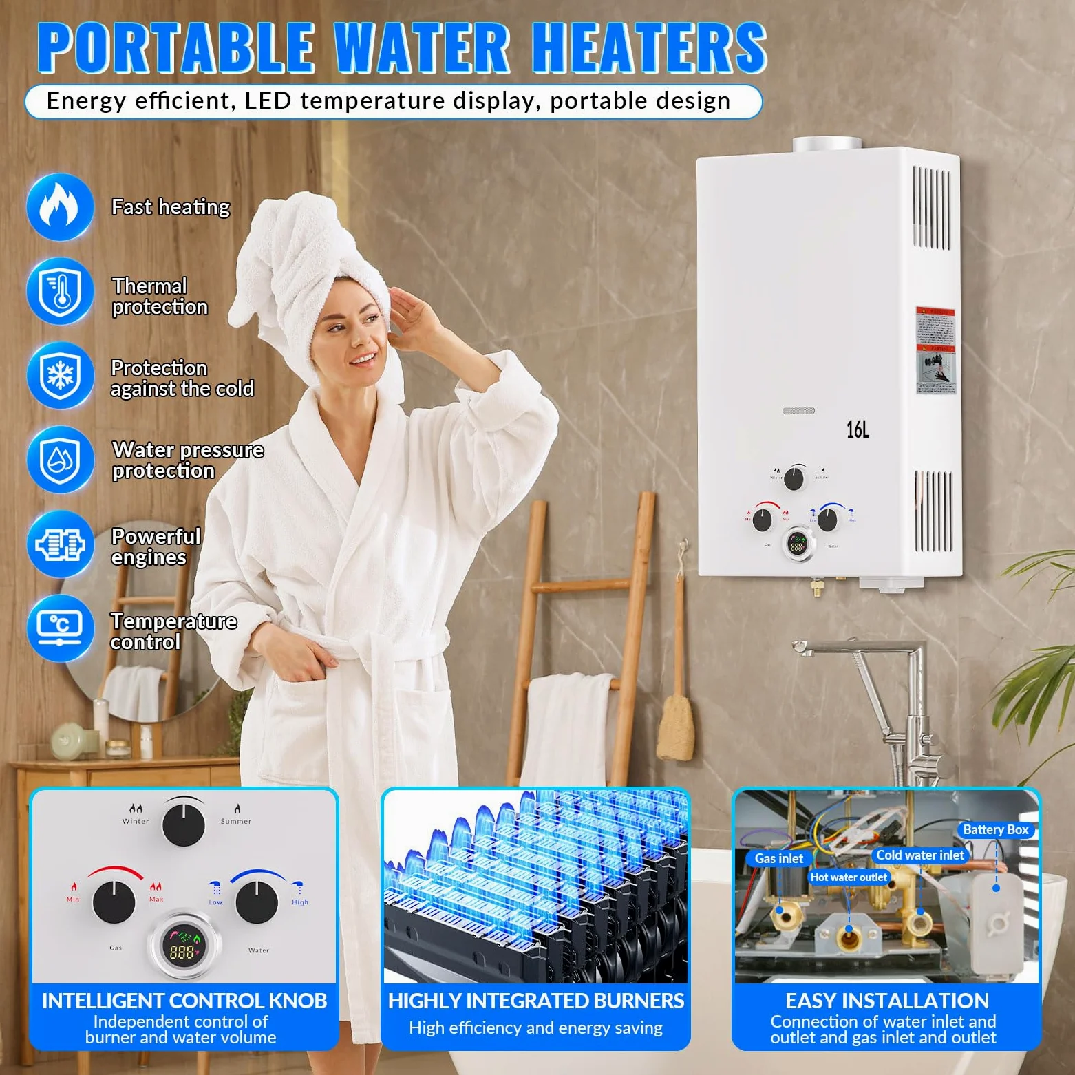 Scaldabagno a Gas 16L, All'aperto Portatile Scaldabagno Istantaneo a Propano con Display Digitale Multi-Protezione, Parete senza Serbatoio Scaldacqua Istantaneo Automatico, bianco
