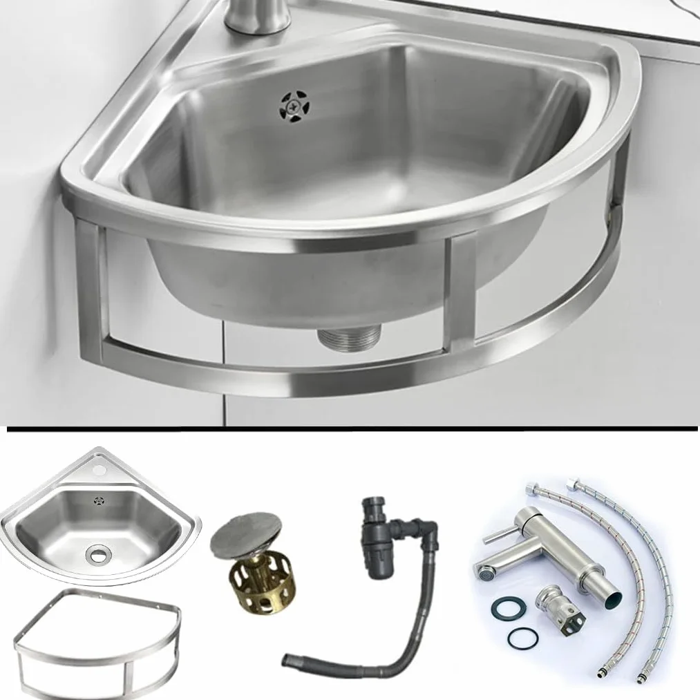 Lavello angolare da parete per bagno, 455x390 mm Lavabo da cucina Vasca Singola con Troppopieno Lavabo In Acciaio Inossidabile Lavamani per Ristorante