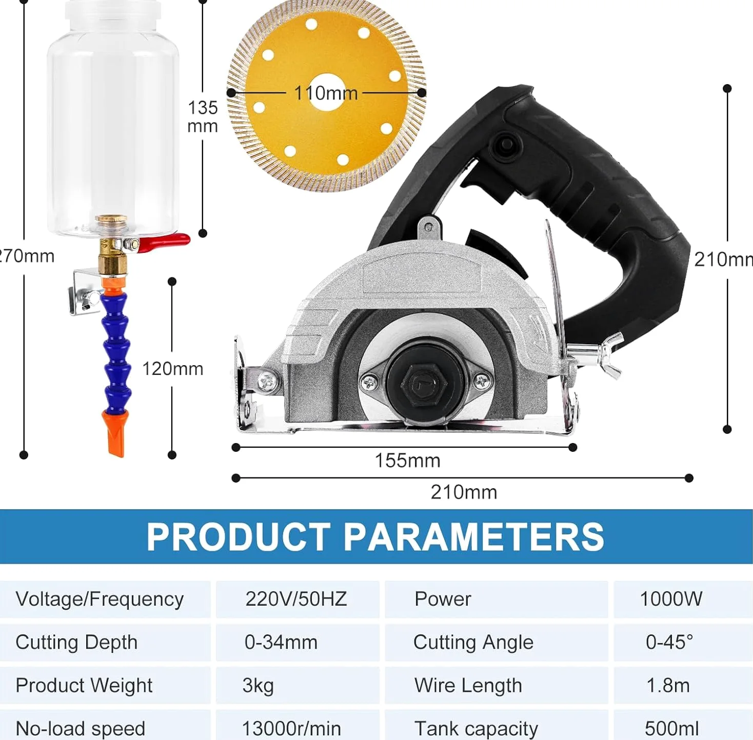 MXBAOHENG Tagliapiastrelle elettrico bagnato da 1000 W, tagliapiastrelle a 45°, con serbatoio dell'acqua rimovibile e 2 lame per piastrelle in ceramica, fresa muri di pietra (lama da 103 mm)
