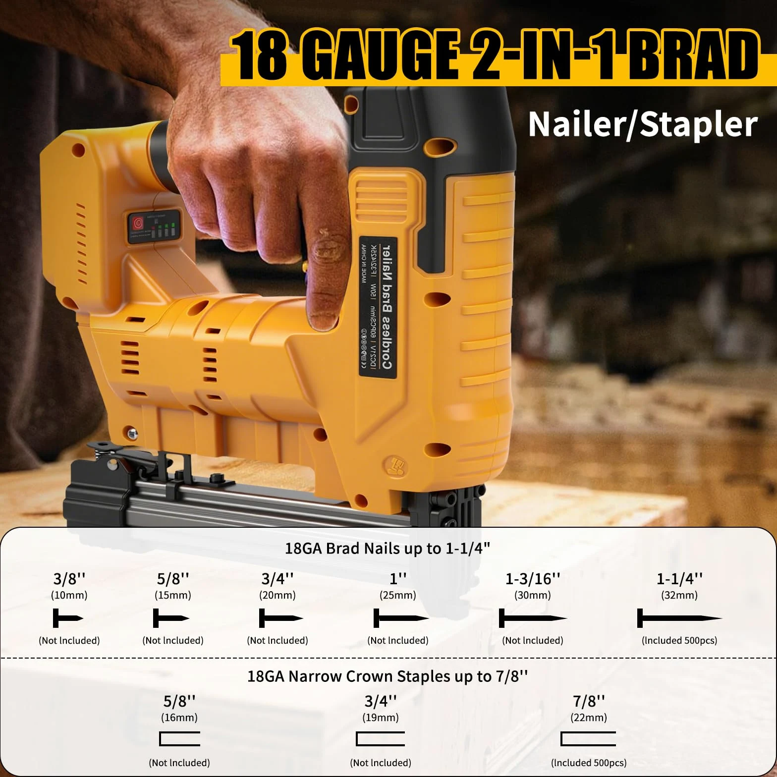 Pistola per unghie da 18 GA compatibile con batteria Dewalt da 20 V, chiodatrice elettrica senza fili 2 in 1, 500 chiodi e 500 graffette incluse per la lavorazione del legno fai da te (senza batteria)