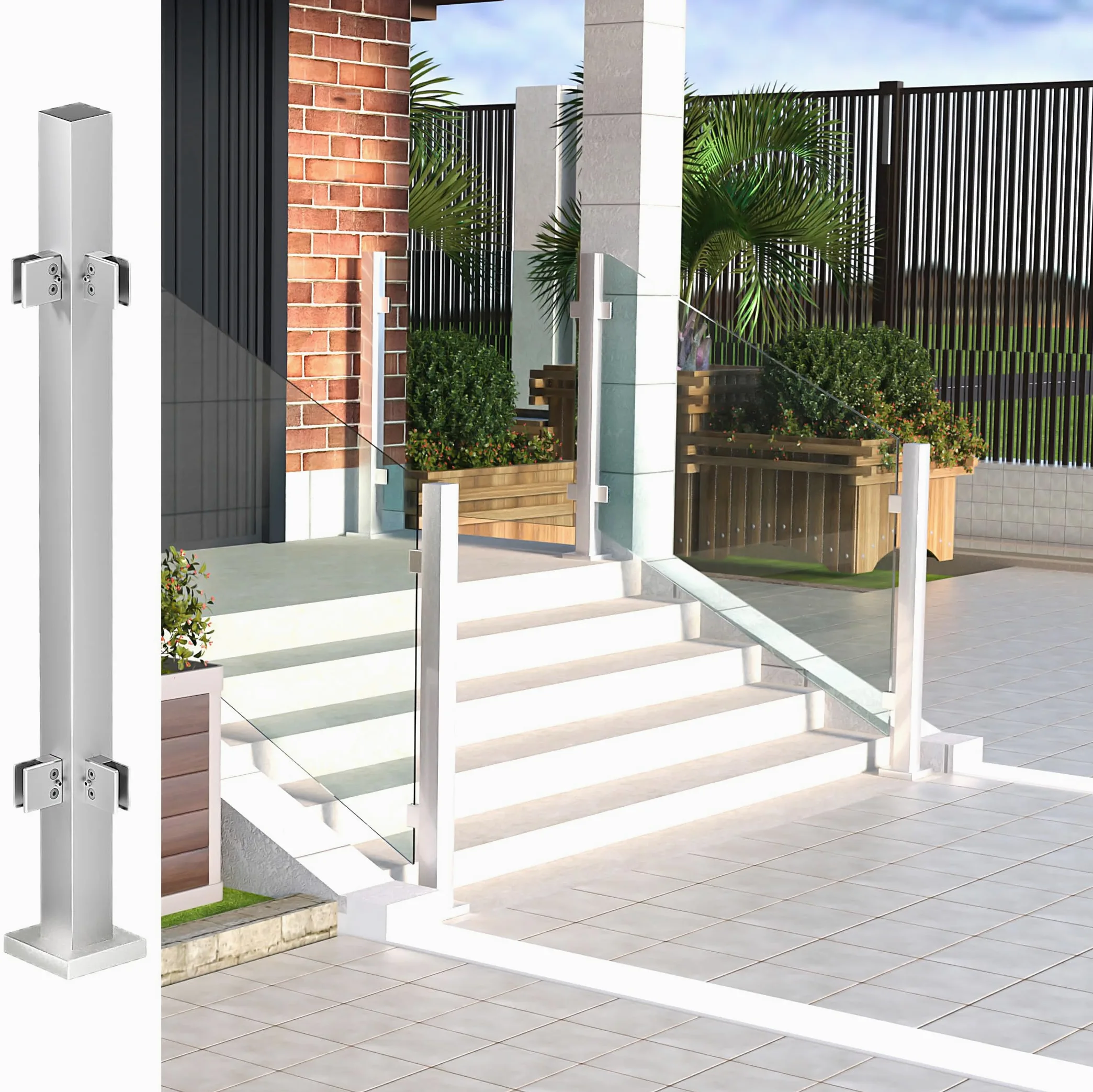 Ringhiera in Vetro Palo della Balaustra di ringhiere quadrate a vetri in acciaio inossidabile con morsetto - Pali per ringhiera in vetro per balaustra, piscina, giardino, interno, esterno