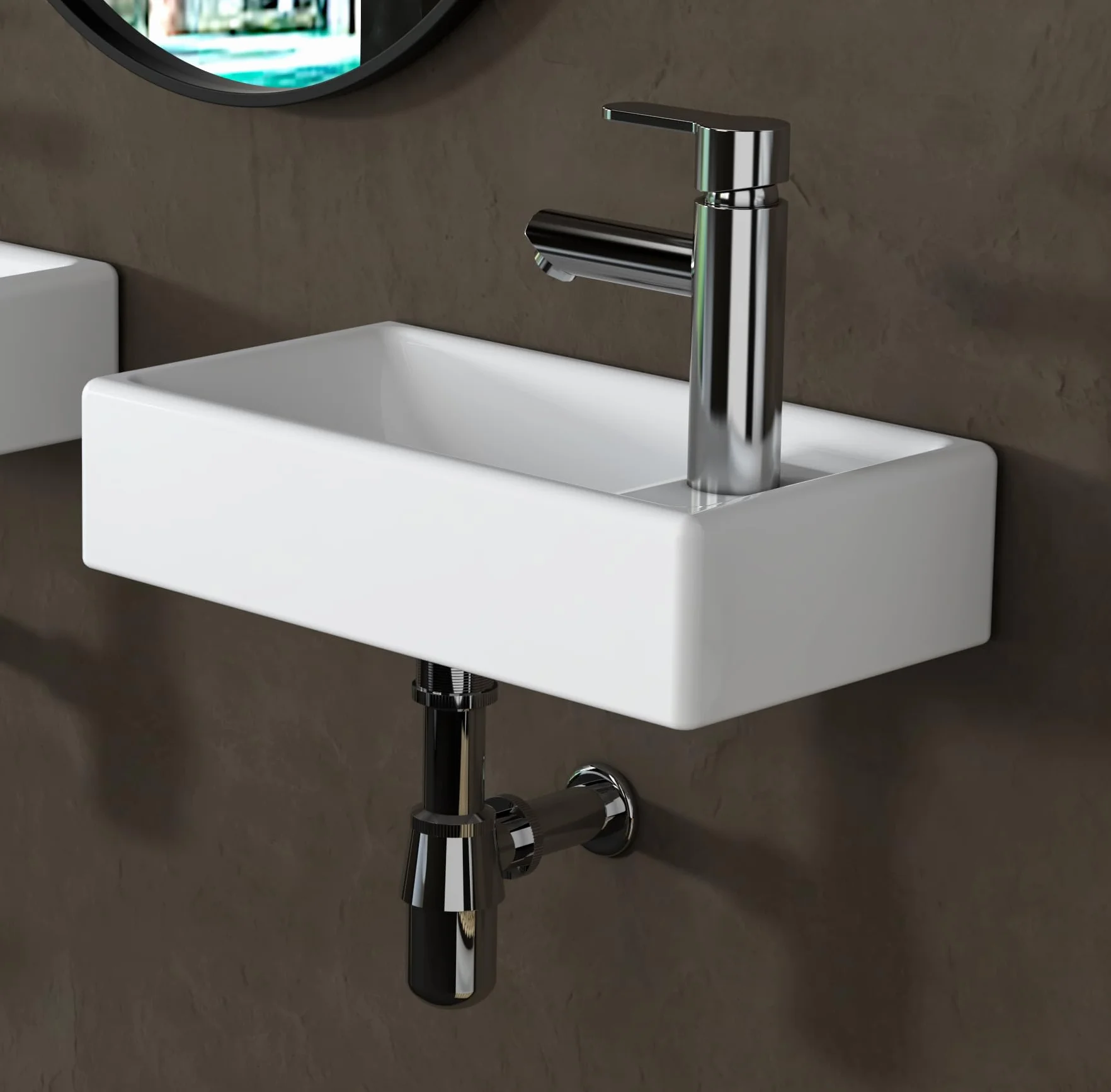 MEJE Mini lavabo, 41 x 23 x 10 cm, lavabo per montaggio a parete, in ceramica, piccolo, foro per rubinetto a destra, con rubinetto e kit di drenaggio