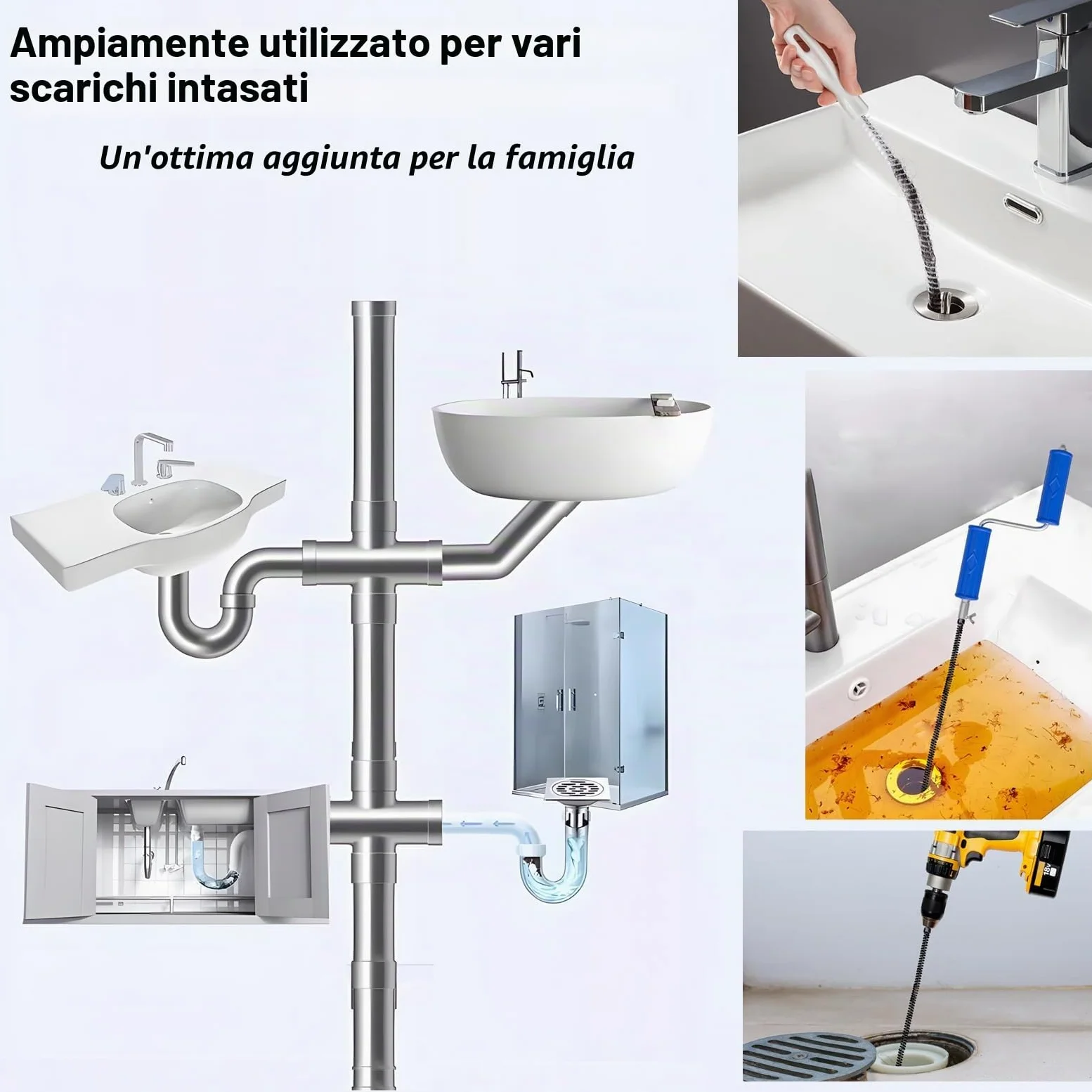 Spirale per la pulizia dei tubi Ø 8 mm x 10 m, con manovella, in acciaio a molla, spirale di scarico per la pulizia dei tubi, spazzola di scarico per ostruzioni difficili da rimuovere - Procedura di