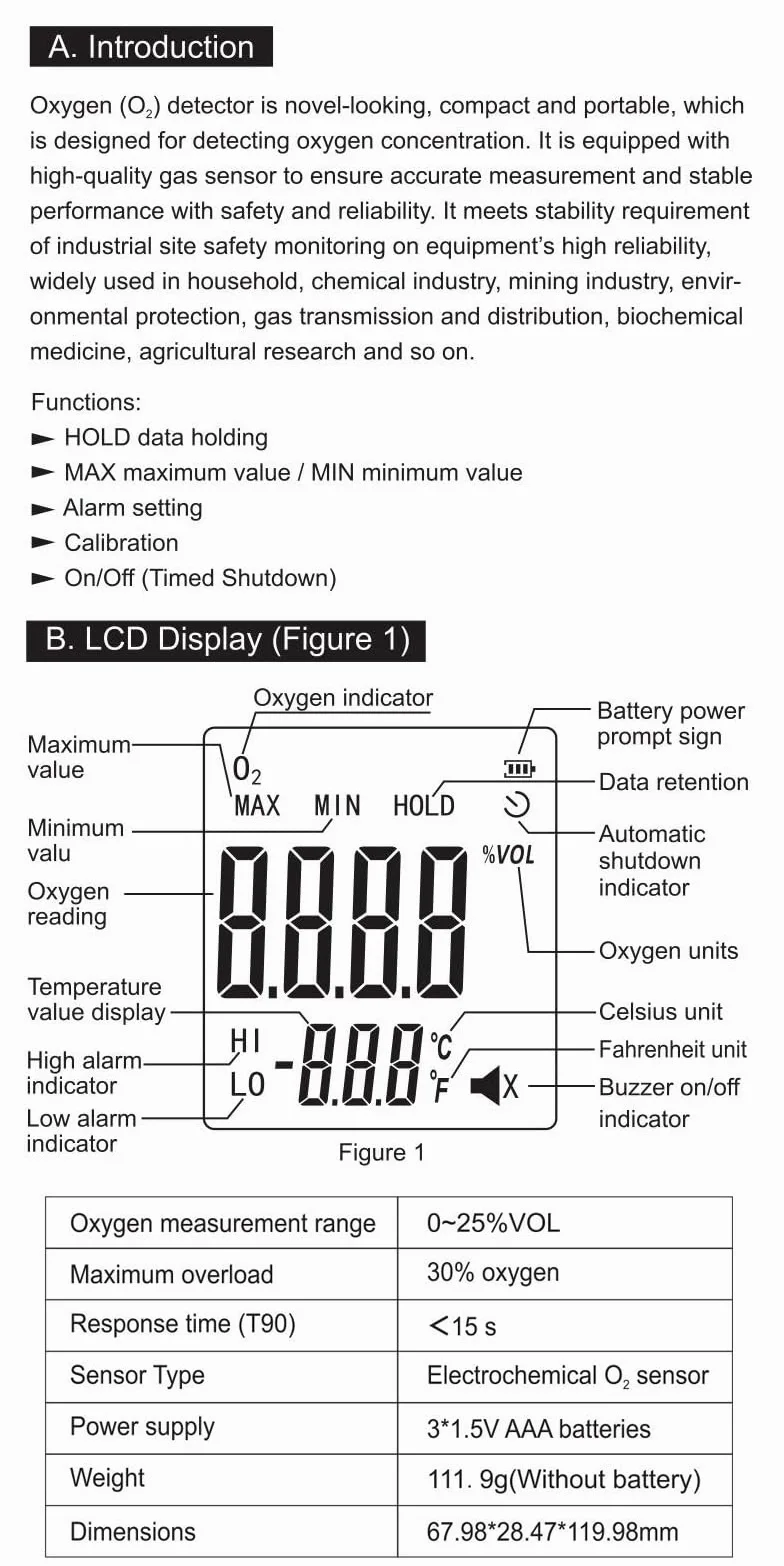 Jadeshay Rilevatore di Ossigeno,0~25% Vol Rilevatore di Gas Portatile Monitor O2 Analizzatore di Ossigeno Tester Rilevatore di Contenuto di Ossigeno con Display LCD WT8821