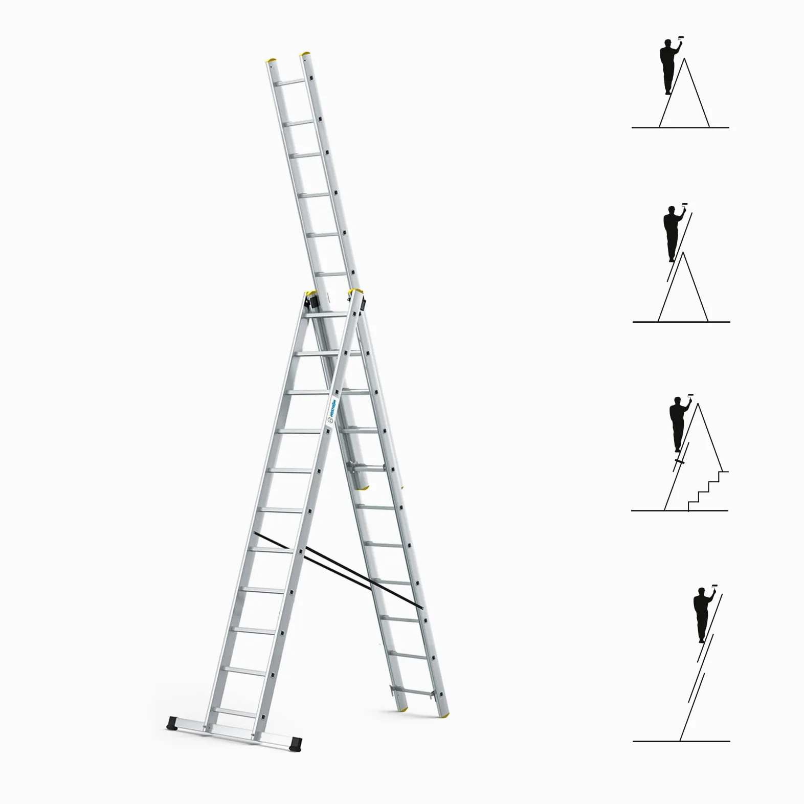 Scala a sfilo a 3 rampe StablePro, gradini 3x11 in alluminio, allungabile, 6 posizioni, altezza massima di lavoro 6,31 m, 5 anni di garanzia, Hostrom