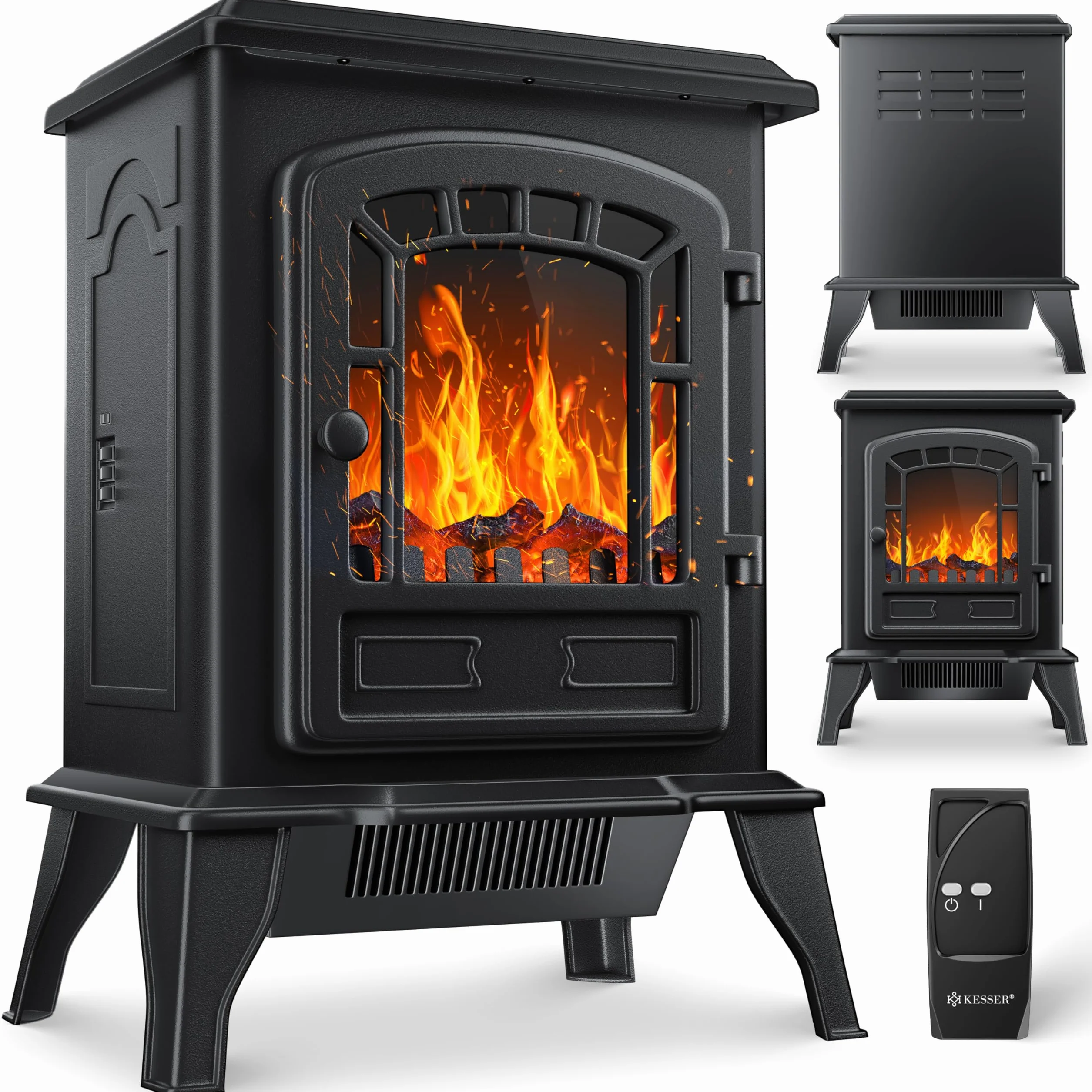 KESSER® Camino elettrico con termoventilatore da 2000W - caminetto elettrico - riscaldamento - effetto fuoco a LED - stufa effetto fiamma - termocamino silenzioso e regolabile, Nero