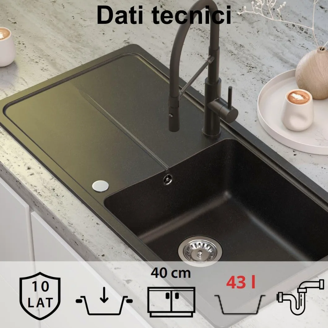 QUADRON NEAL 146 Lavello in granito per cucina, dimensioni: 100 x 50 x 21,5 cm, nero, lavello da cucina a vasca singola Set: lavello in granito + sifone manuale + tappo di copertura
