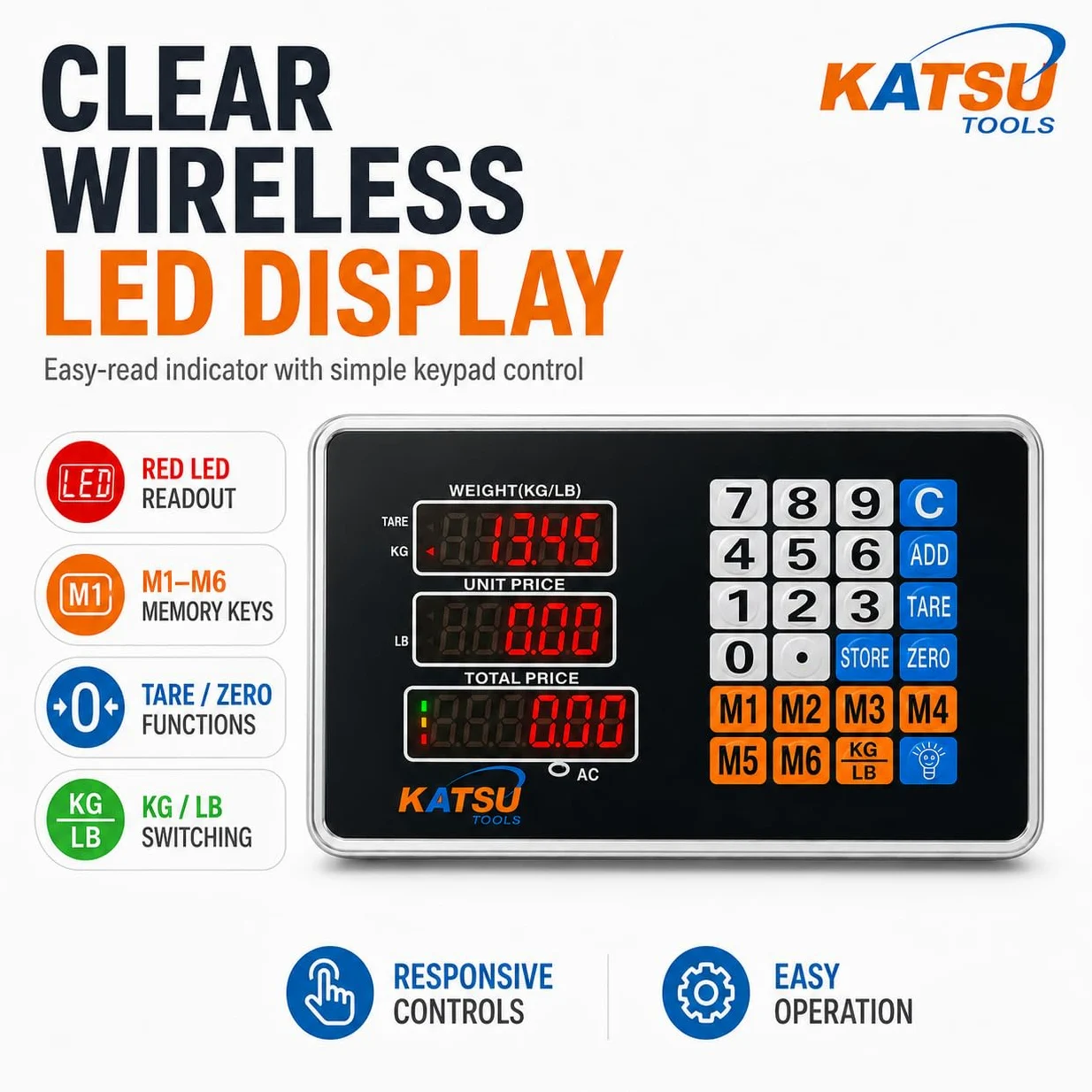 KATSU Tools Bilancia digitale wireless in acciaio 500KG 50x60cm