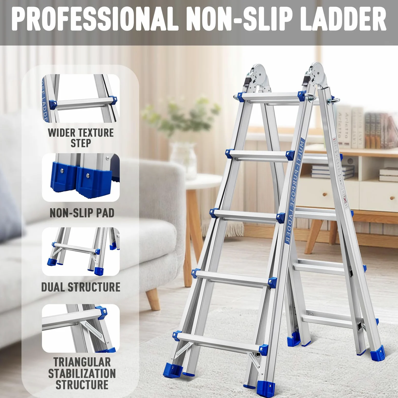 STANEW Scala Singola in Alluminio Multiuso 5,1m 4x5 pioli, Scala Multifunzione Telescopica Professionale, Pieghevole, Cavalletto di Prolunga, a Gradini e Bifacciale, Portata Max 150 Kg