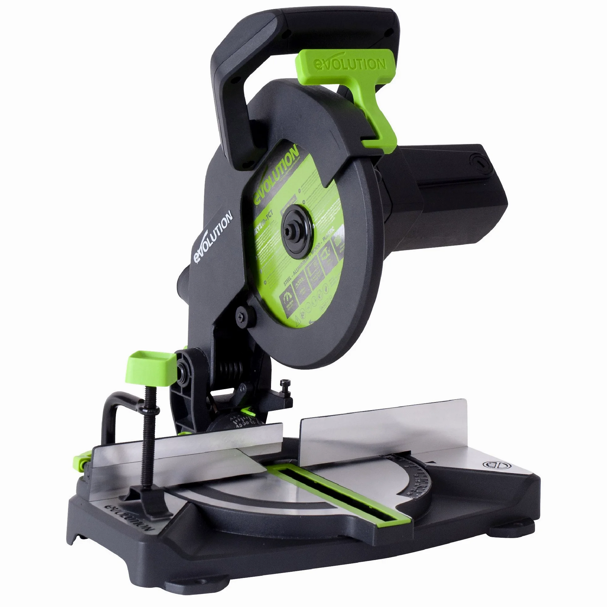 Evolution Power Tools F210CMS - Troncatrice con taglio multiuso multi-materiale, taglia legno, metallo, plastica e altro, lama TCT inclusa, compatta e potente (1200 W, 230 V, 210 mm)