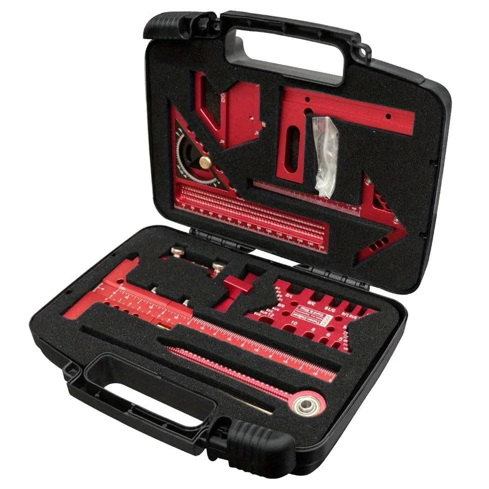 Kit di strumenti di misurazione, set di strumenti di misurazione per la lavorazione del legno con scatola di stoccaggio, righello per carpentiere, calibro per officina fai-da-te professionale (9 pezzi