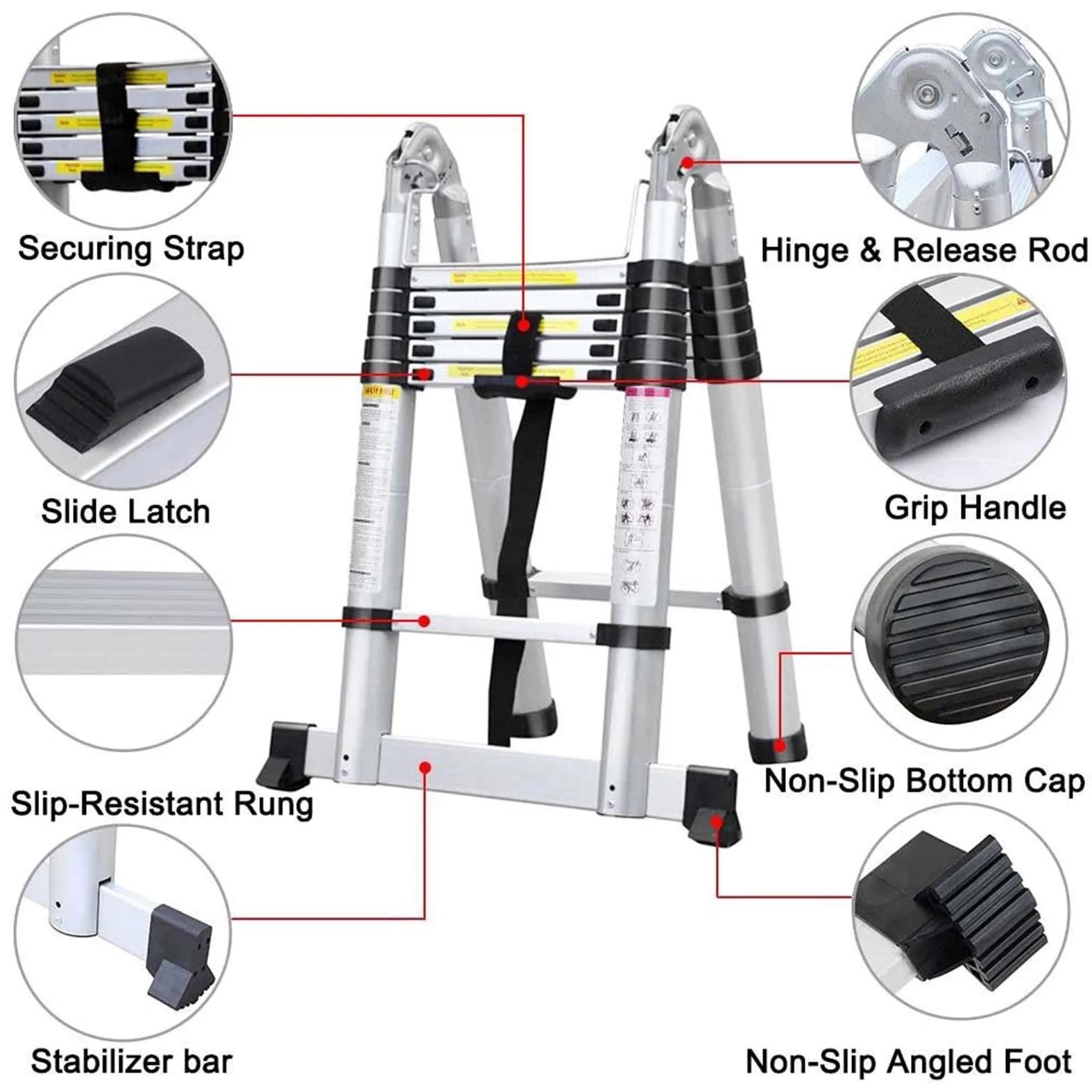 5M Scala Alluminio Telescopica Pieghevole(2.5M+2.5M), Portable Estensione Scala Retrattile per Soppalco Esterno, Scaletta Pieghevole Scala Multiuso 16 Gradini, Norme EN131, Capacità 150kg