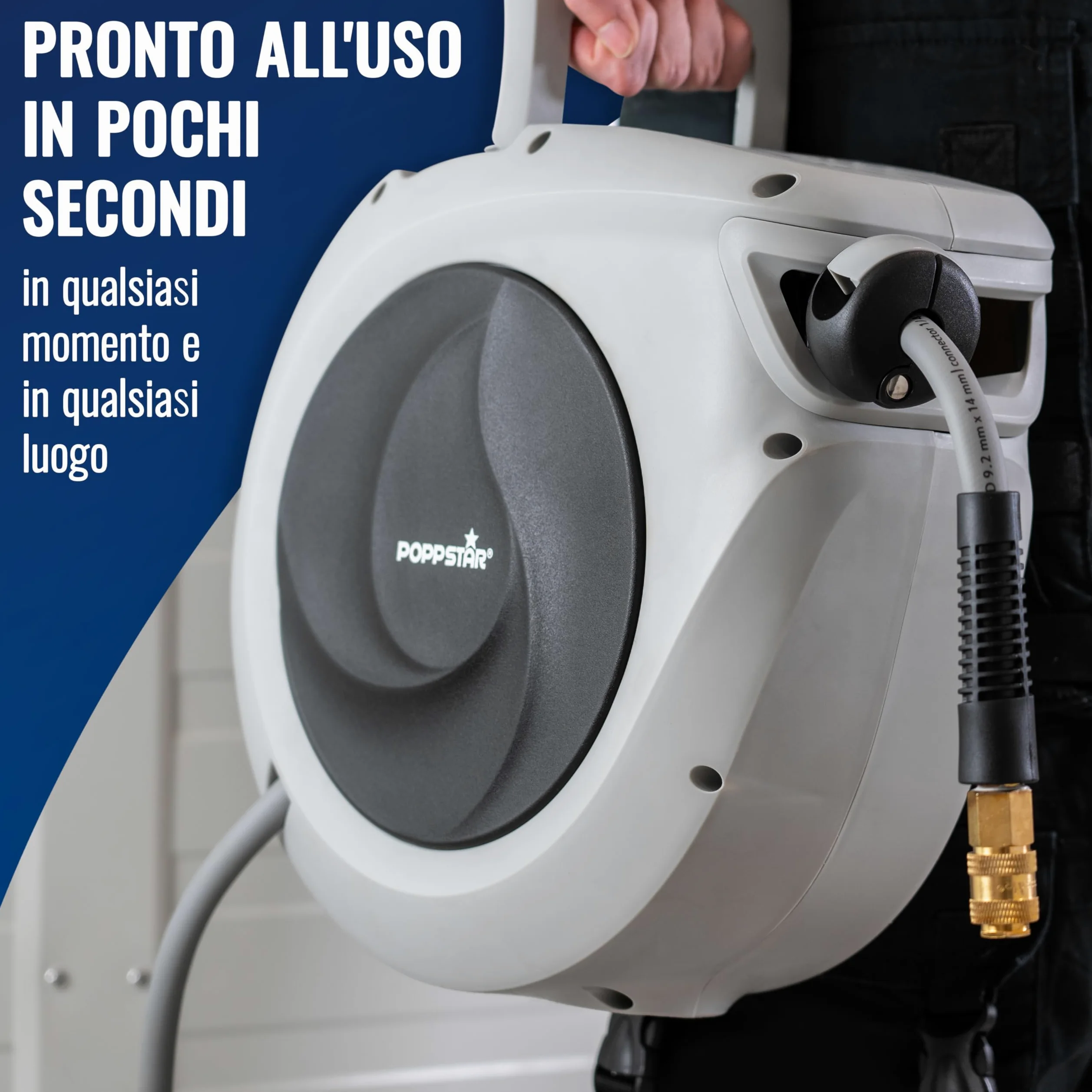 Poppstar Avvolgitubo per tubi ad aria compressa (15m+1,1m, diametro 3/8" (9,2x14mm)), attacco rapido 1/4" BSPT, avvolgitubo con tubo PVC ibrido
