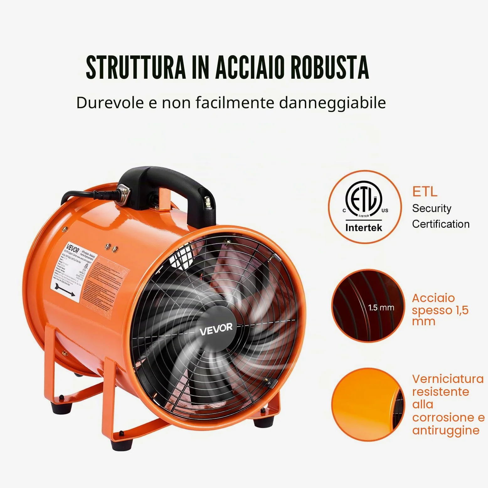 VEVOR Ventilatore Portatile, 300W Estrattore d'Aria Condotto Aspiratore Industriale 254 mm, Tubo Flessibile 10 m Volume d'Aria 1720 CFM (2922 m3/h) 2 Marce per Aspirare Polvere Fumo Impermeabile IP44