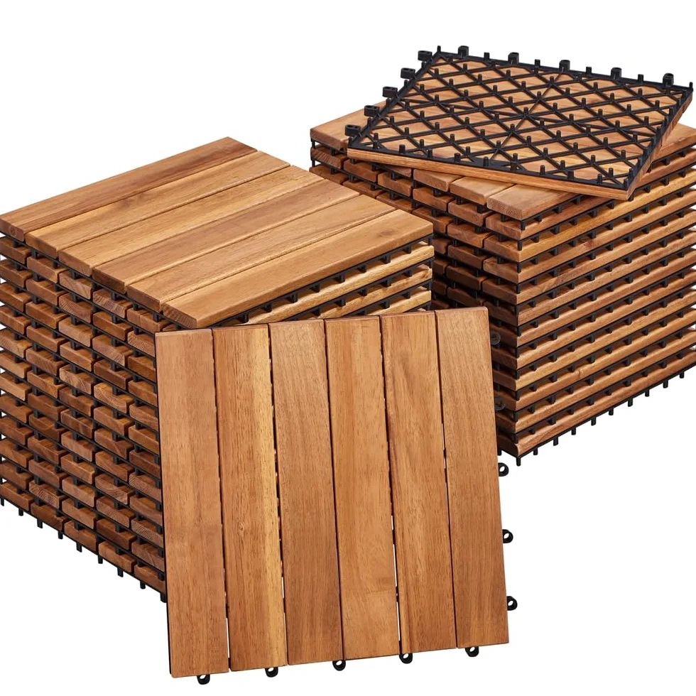 Yaheetech Piastrelle per Esterno 30 X 30 cm per Pavimento da Giardino in Legno di Acacia Impermeabili per Patio Terrazza Balcone Piscina Facili da Posare 27 Pezzi