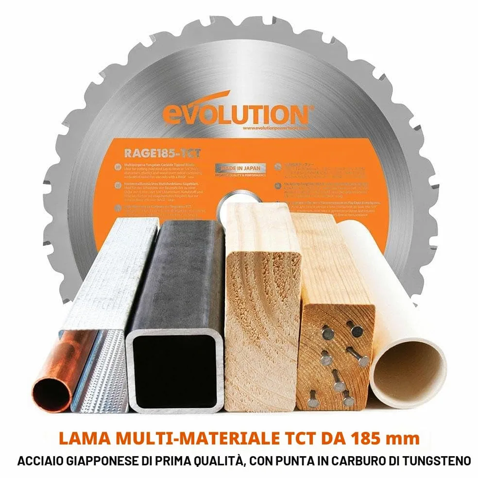 Evolution Power Tools - R185CCSX+ Sega Circolare Multi-Materiale 185 mm Compatibile con Binario Guida (Pacchetto Plus con Custodia da Trasporto), 230 V