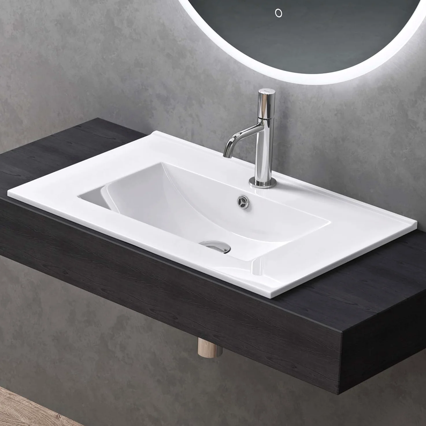 doporro Lavabo da Incasso Rettangolare 80 cm in Ceramica Bianco Lucido, Lavandino Integrato con Foro Rubinetto, Installazione su Mensola o Mobile Bagno Brüssel912