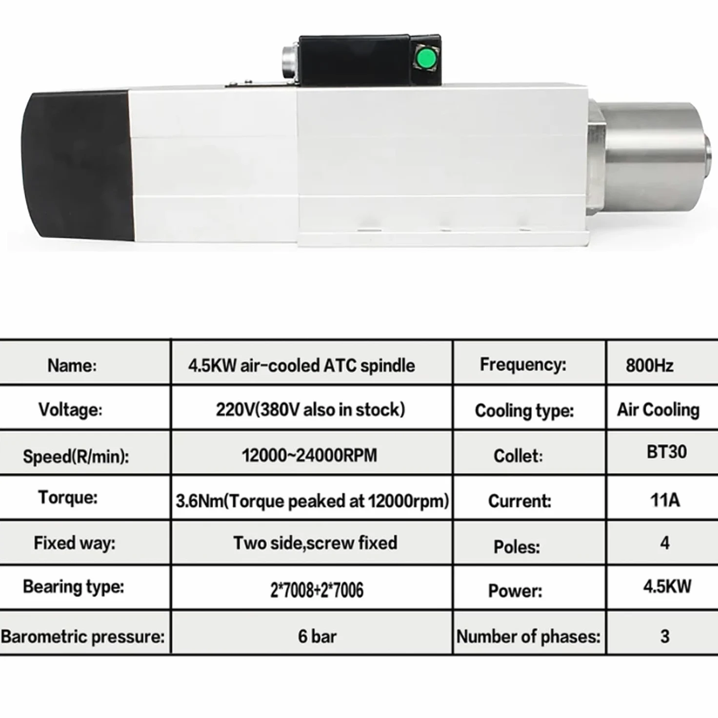 RATTMMOTOR CNC 4,5 KW, mandrino di raffreddamento ad aria, ATC, motore automatico cambio utensili, BT30,220 V, mandrino di fresatura ad aria, 24000 giri/min, 800 Hz per fresatura CNC
