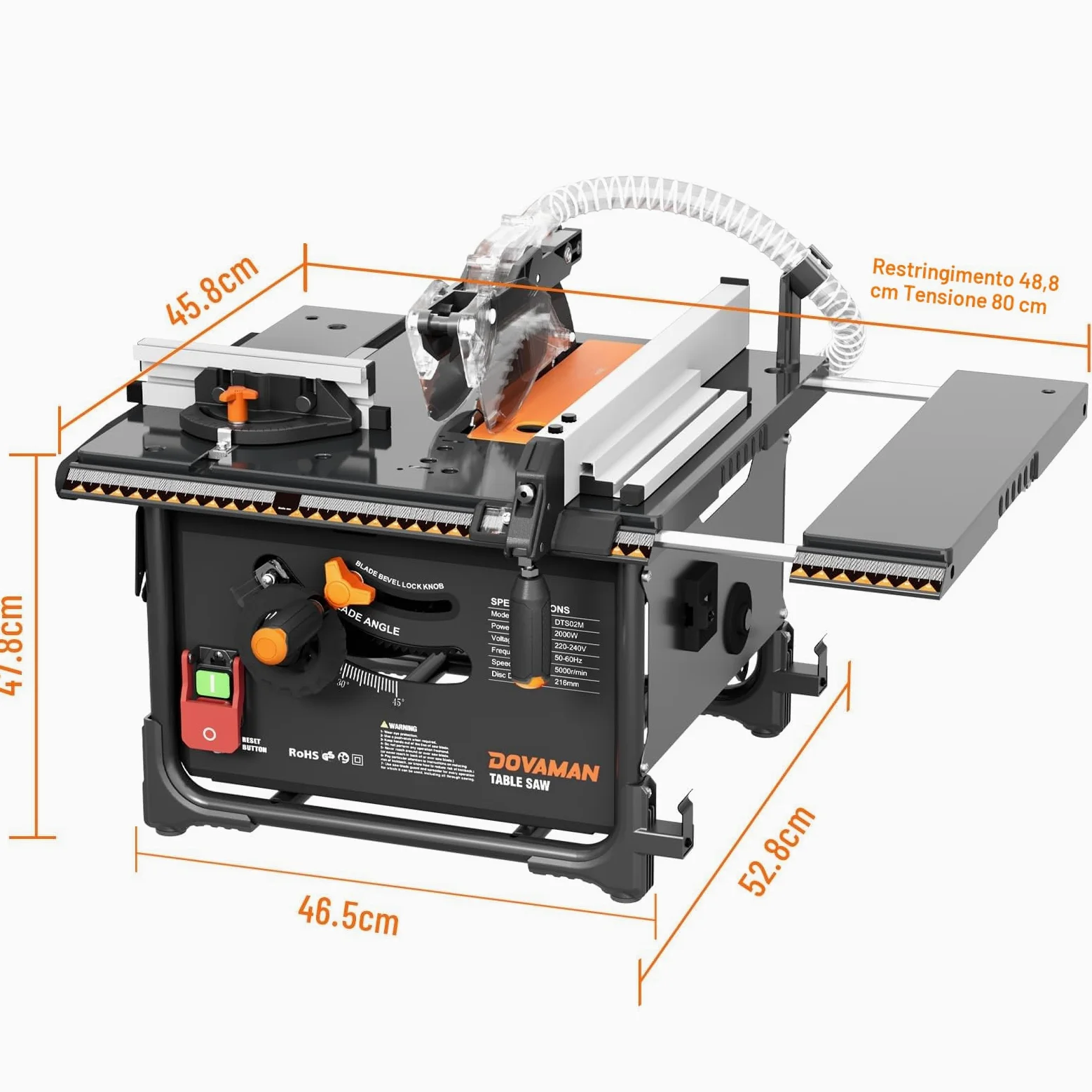 DOVAMAN Banco Sega Circolare per Legno 2000W, 98% Raccolta Polvere, Taglio Max 60mm, Lama 216mm, Piano Estensibile 48-80cm, Storage Integrato, Sega da Tavolo per DIY e Hobby - DTS02M
