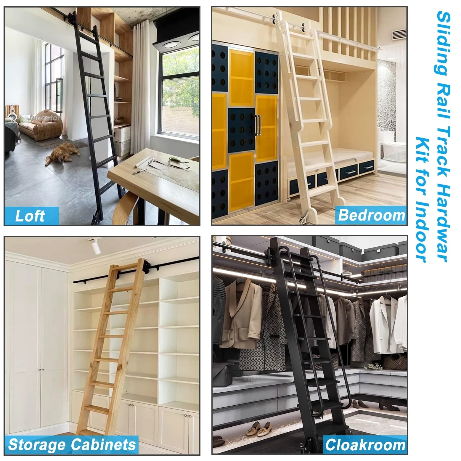 Scala in legno con rotelle, ferramenta scorrevole per biblioteca, binario per scale, rulli per pavimenti con freno, nero (senza scala), sistema di binari per scale mobili ufficio biblioteca soppalco(2