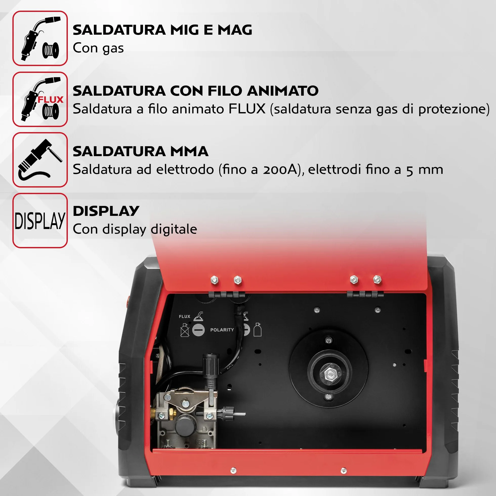 TIGMIG Saldatrice Inverter MIG/MAG (Con o Senza Gas) + FLUX (Filo animato) + MMA, Fino a 200A, Modello TM250INVMIG, Inverter IGBT, Accessori inclusi, Garanzia e Assistenza Italia
