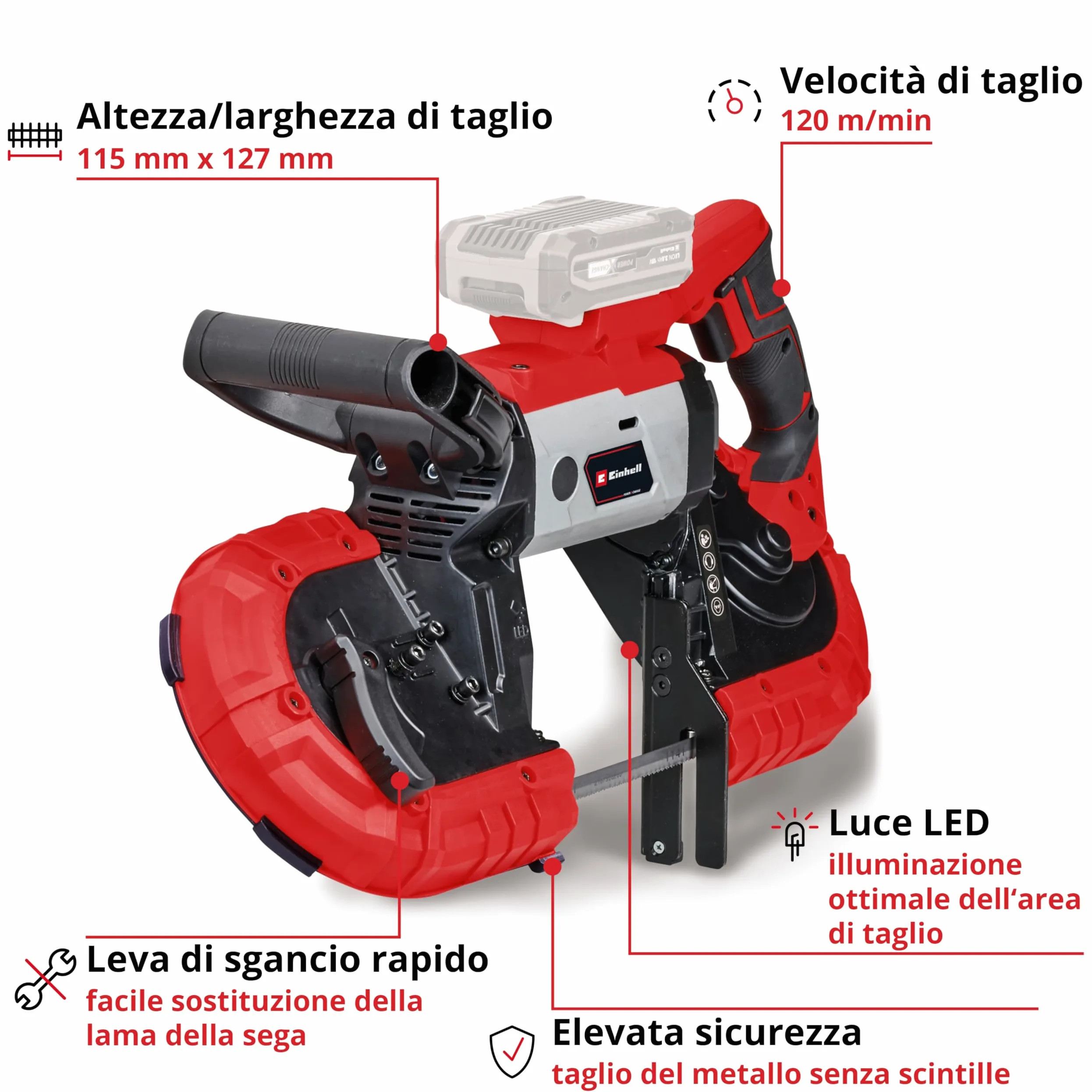 Einhell sega a nastro a batteria TE-MB 18/127 Li-Solo Power X-Change (18 V, altezza di taglio 115 mm, larghezza di taglio 127 mm, luce LED, incl. 2 lame sega a nastro per metallo, senza batteria)