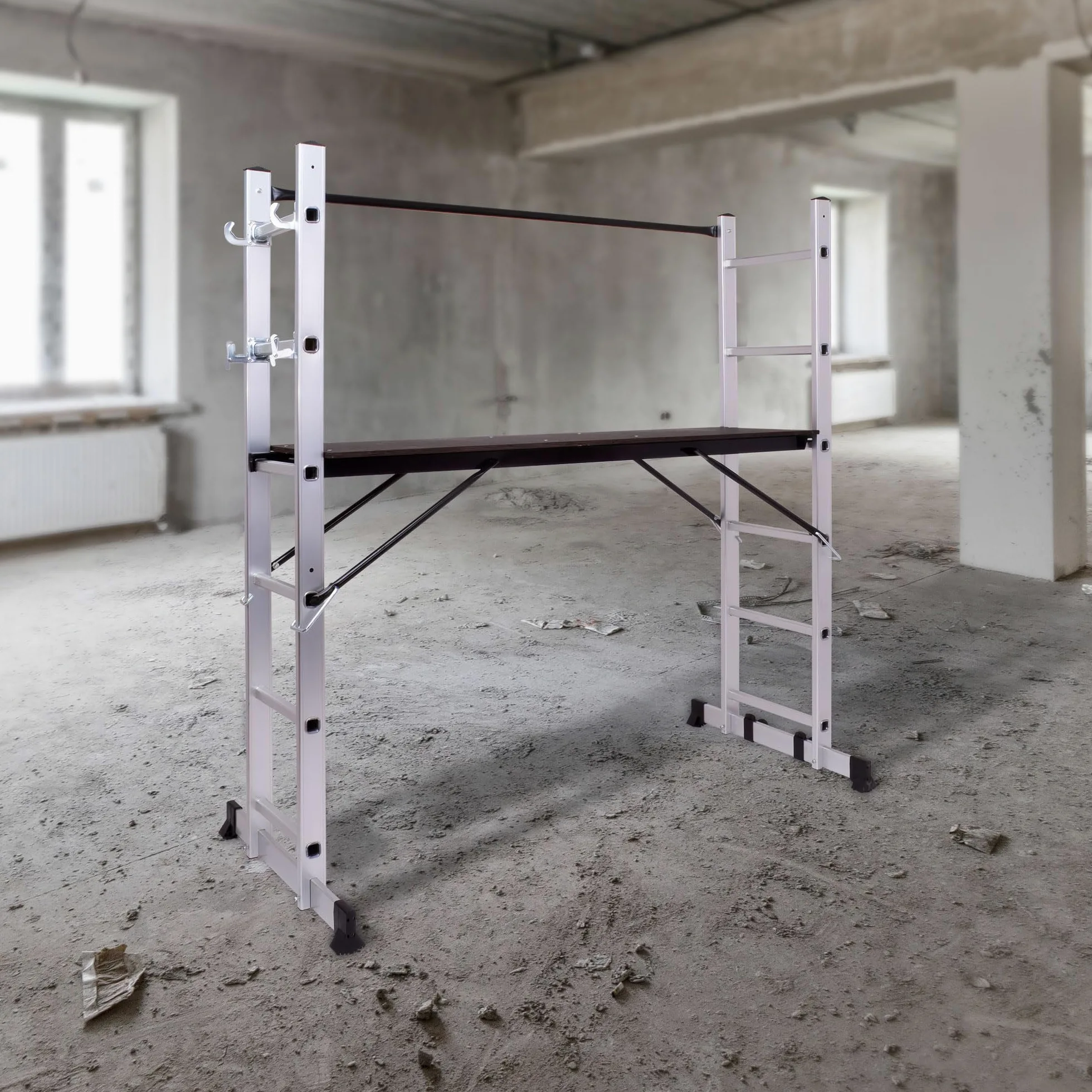 BOUDECH® RIG 100 – Impalcatura Multifunzione Trabattello 3 in 1 H165,5 cm Scala Ponteggio da Lavoro con Ruote in Alluminio Portata max 150 Kg