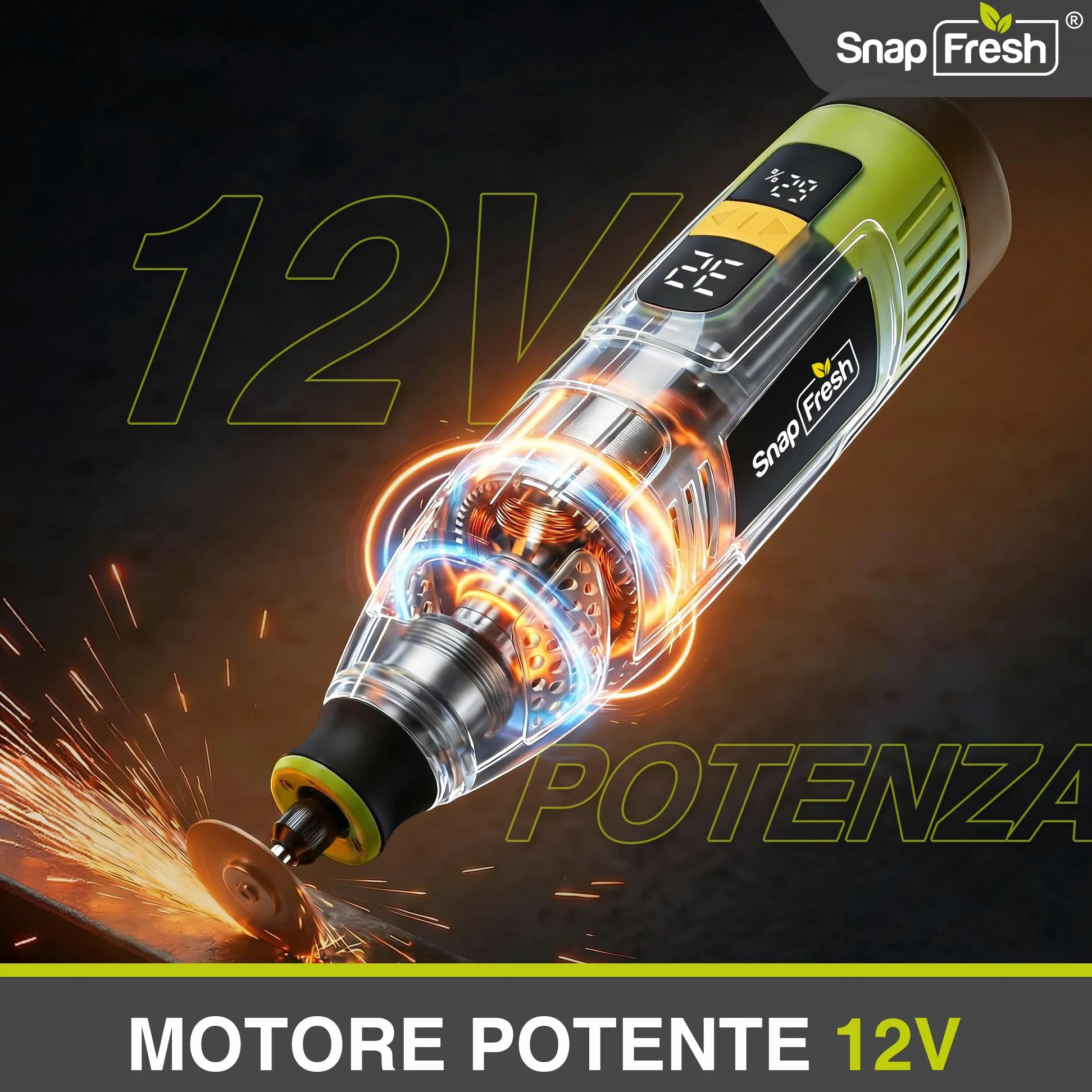 SnapFresh Utensile Rotante Multifunzione 12V Mini Trapano Elettrico, 111 Accessori, Velocità Variabile 5000–32000 giri/min, Display Digitale con Memoria, per Incisione, Levigatura, Lucidatura e Taglio