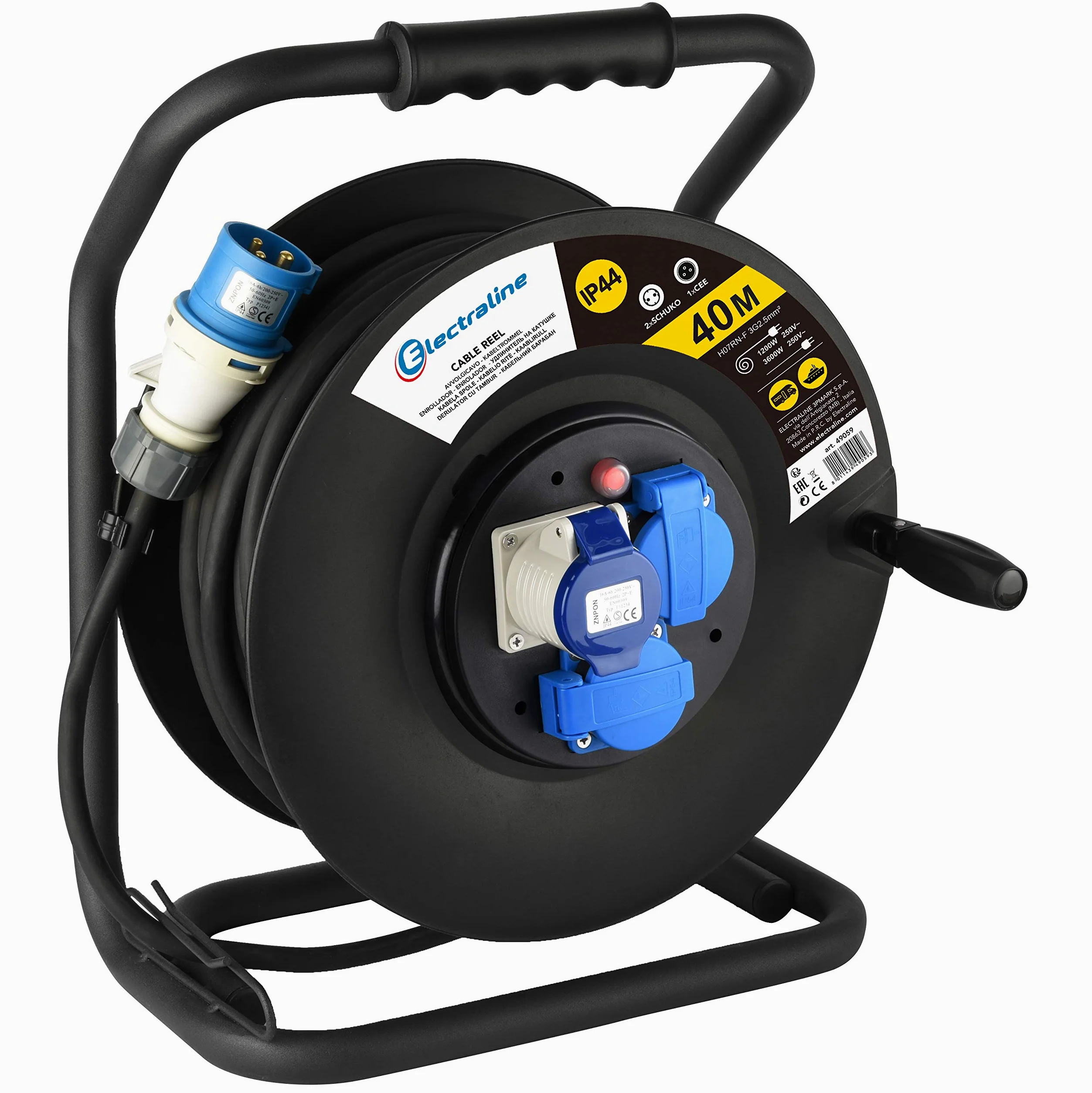 Electraline 49059 Prolunga in Gomma 3G2.5 mm² con Avvolgicavo, 2 Prese Industriali IEC e 1 Schuko Spina a 3 Poli Adatto per Camper, Campeggio, Caravan, Barca, Cantiere, Nero, 40 m