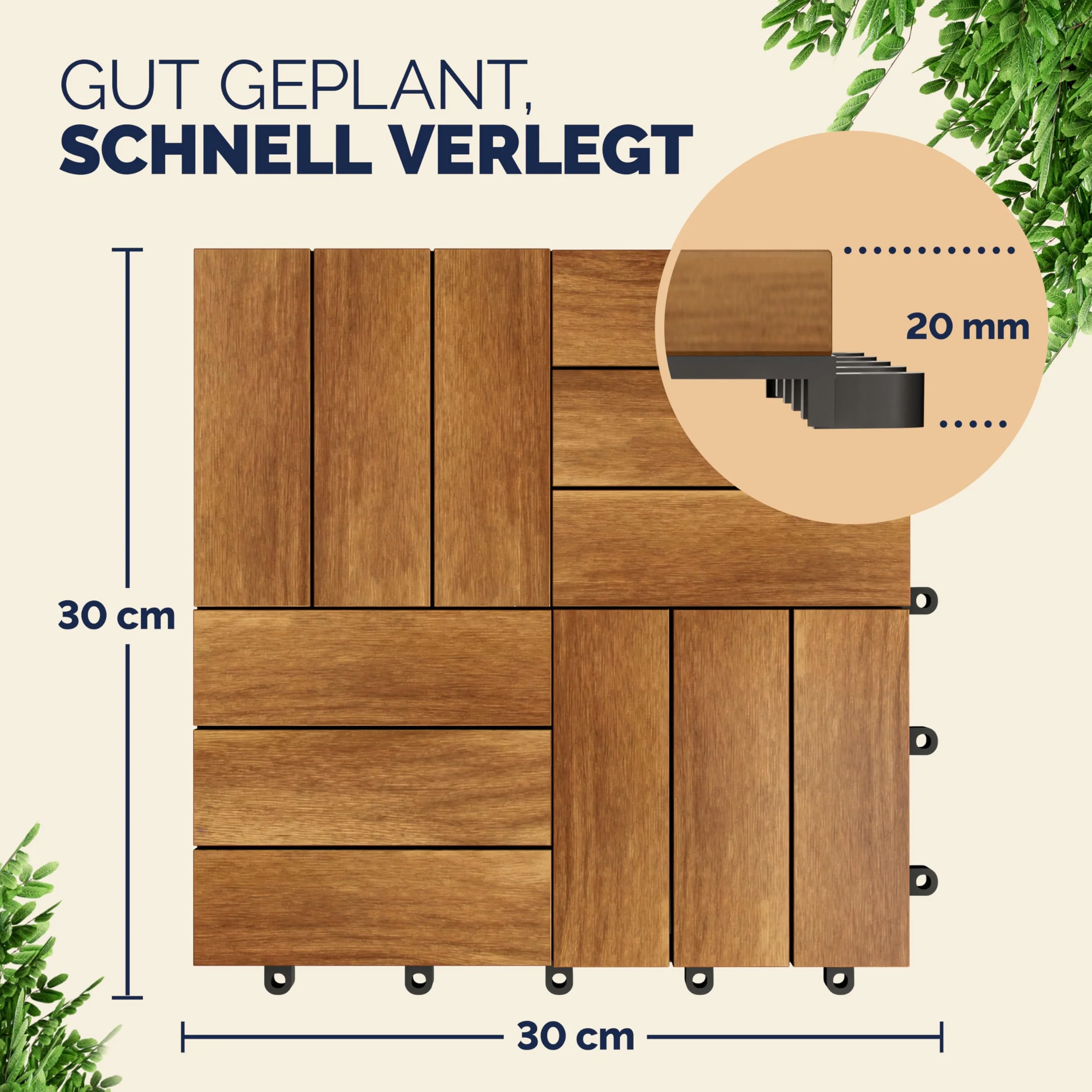 CASARIA Set 55 Piastrelle 30x30 cm in Legno di Acacia Certificato FSC® Superficie Totale 5 m² per Esterno Sistema a Incastro Pavimento per Terrazza Balcone Giardino Pavimentazione Mattonelle